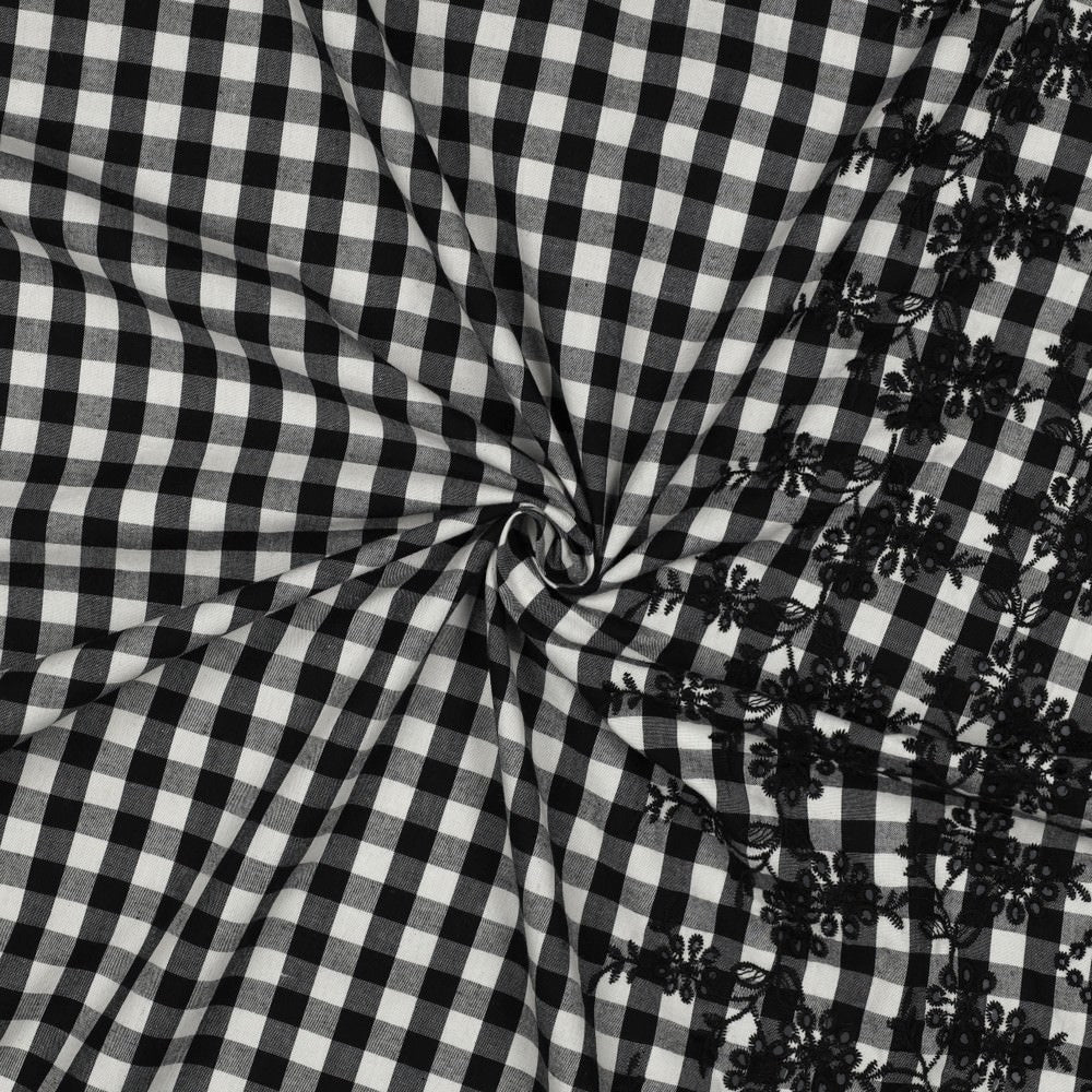 Scallop Border Cotton Embroidered Dressmaking Fabric - Black Gingham