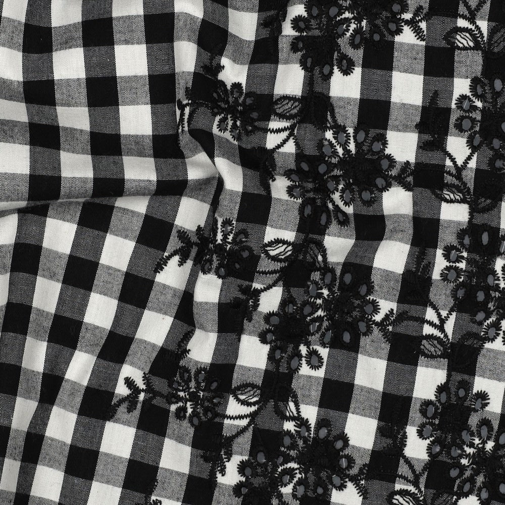 Scallop Border Cotton Embroidered Dressmaking Fabric - Black Gingham