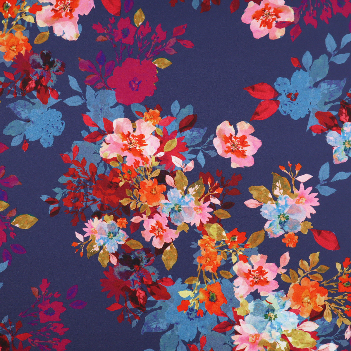 Susan Floral Polyester Printed Crepe Stretch Dressmaking Fabric - Navy Coloured Floral