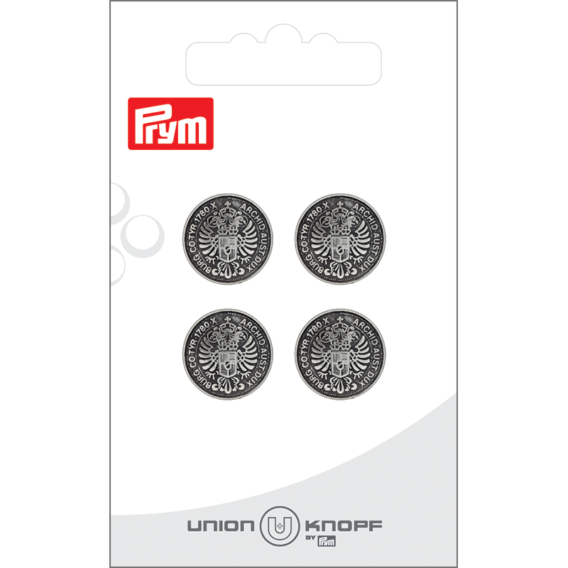 Prym Union Knopf Metal Button Shank 15mm Antique Silver - Pack of 4