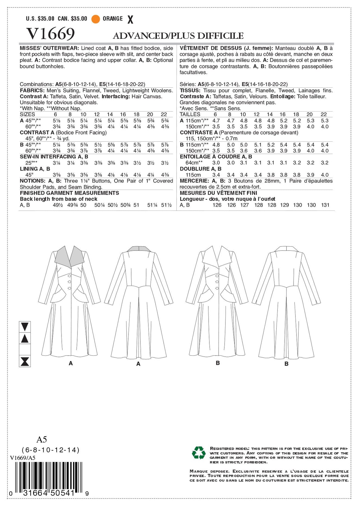 Vogue Misses Outerwear Sewing Pattern V1669