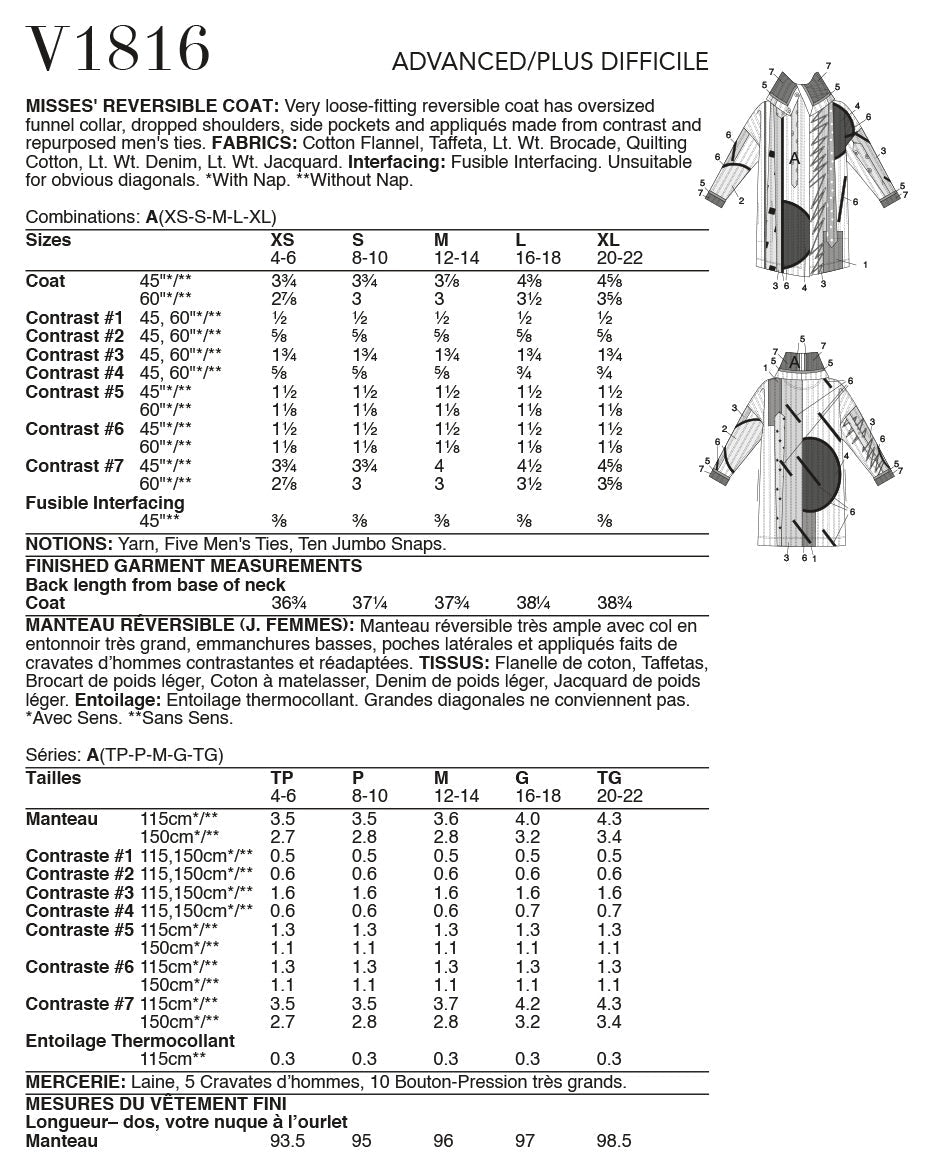 Vogue Misses Jacket Reversible Coat Sewing Pattern V1816A (XS-S-M-L-XL)