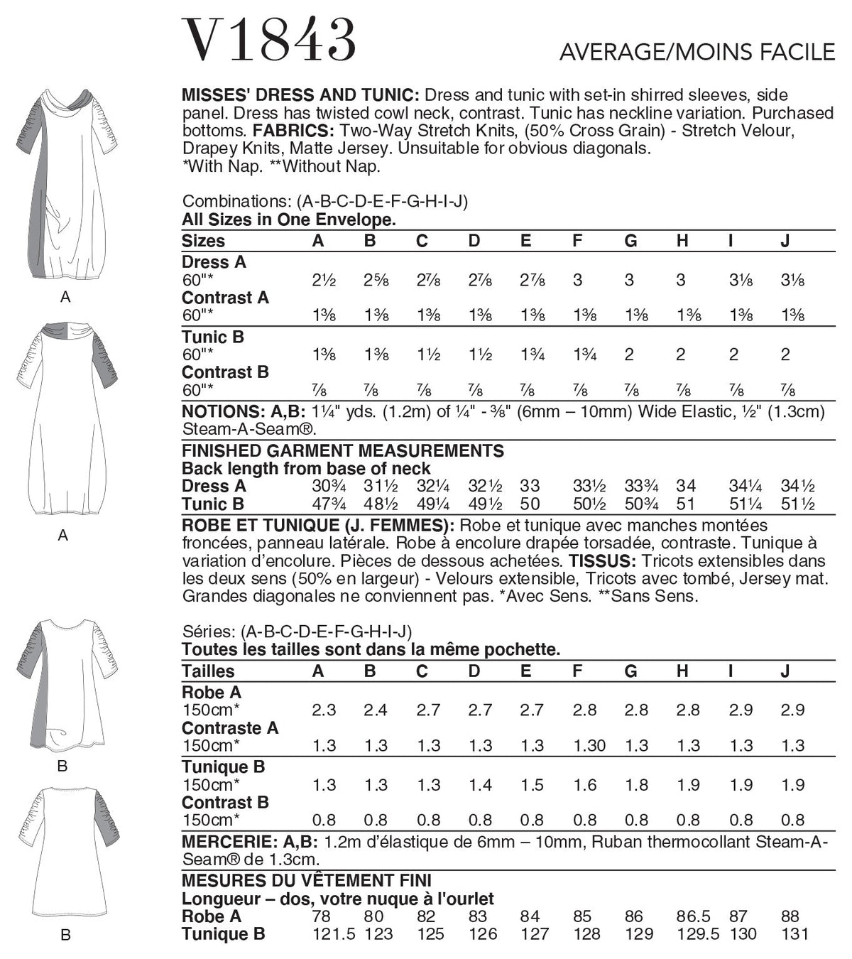 Vogue Misses Dress Tunic Sewing Pattern V1843A (A-B-C-D-E-F-G-H-I-J)