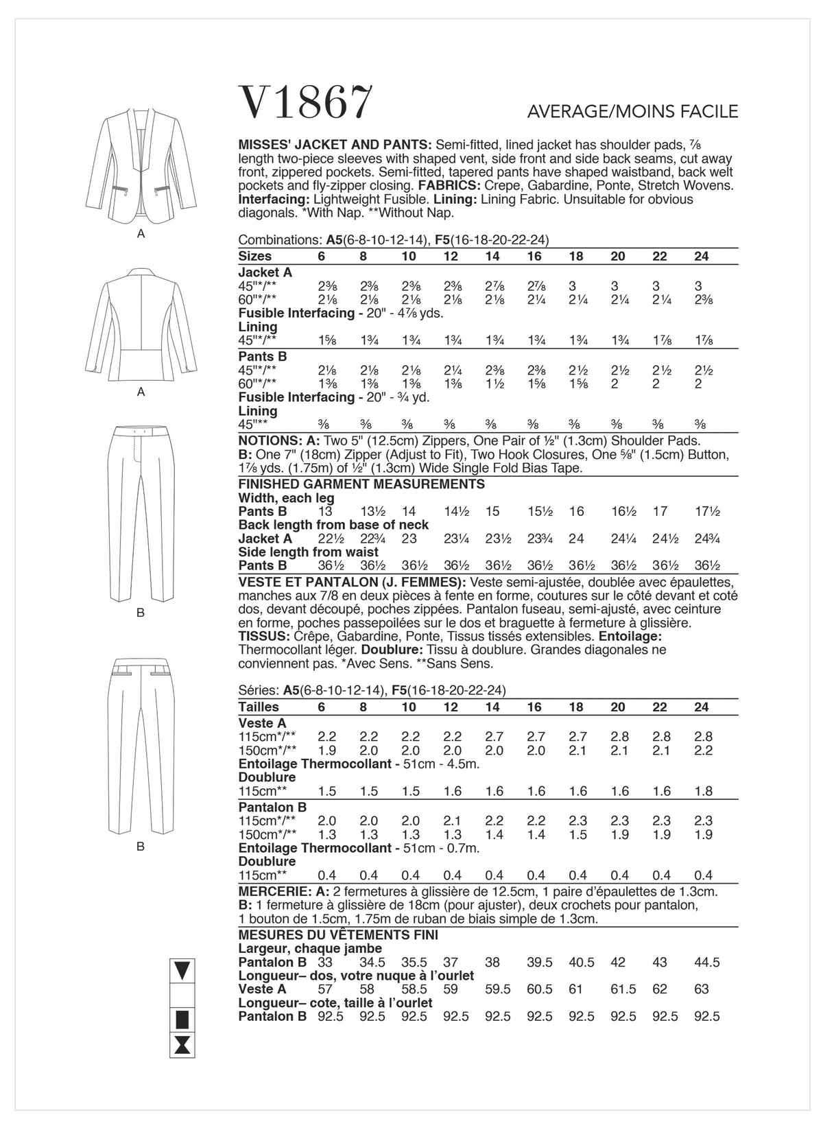 Vogue Jacket Misses Pants Sewing Pattern V1867