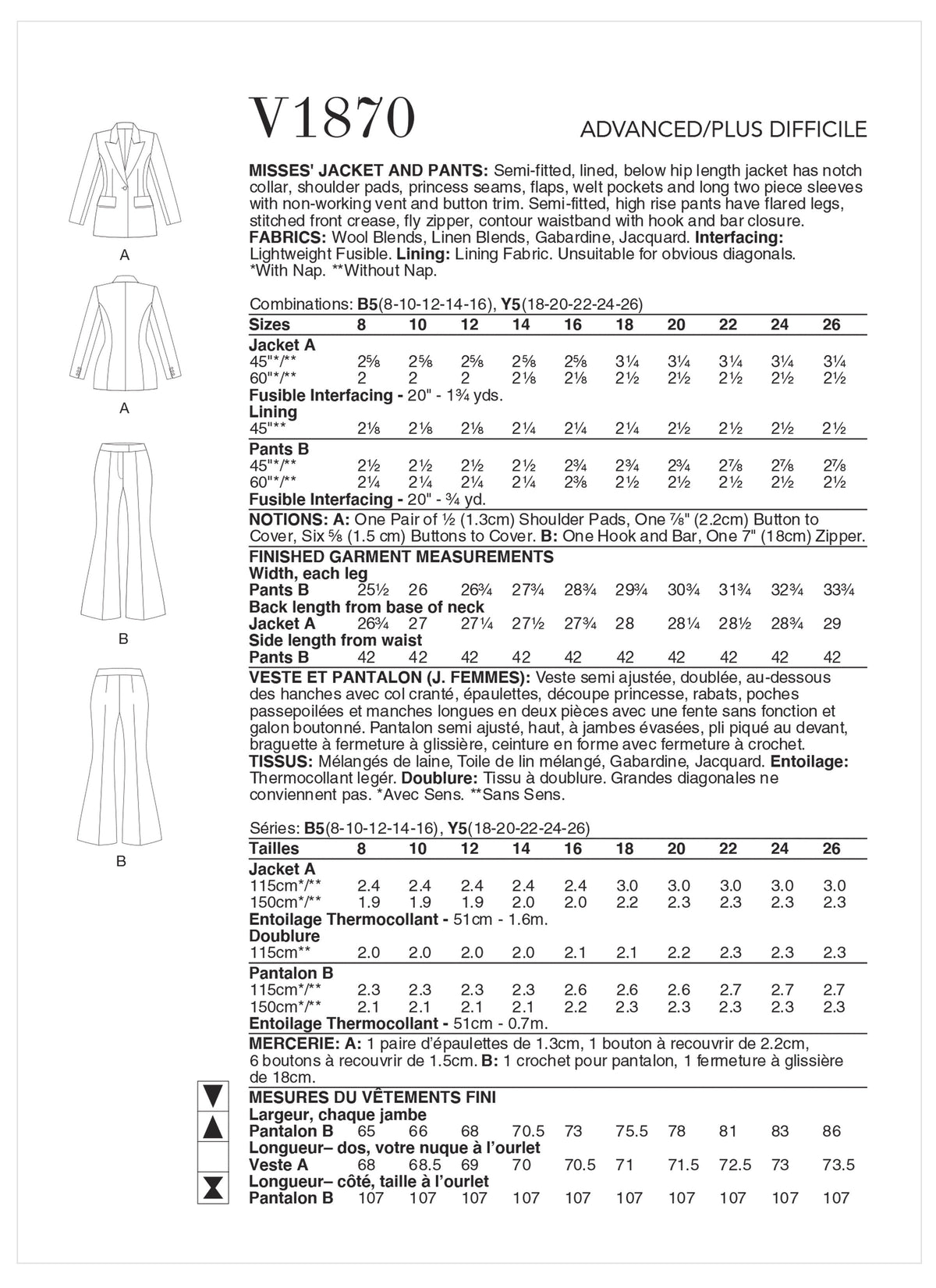 Vogue Jacket Misses Pants Sewing Pattern V1870