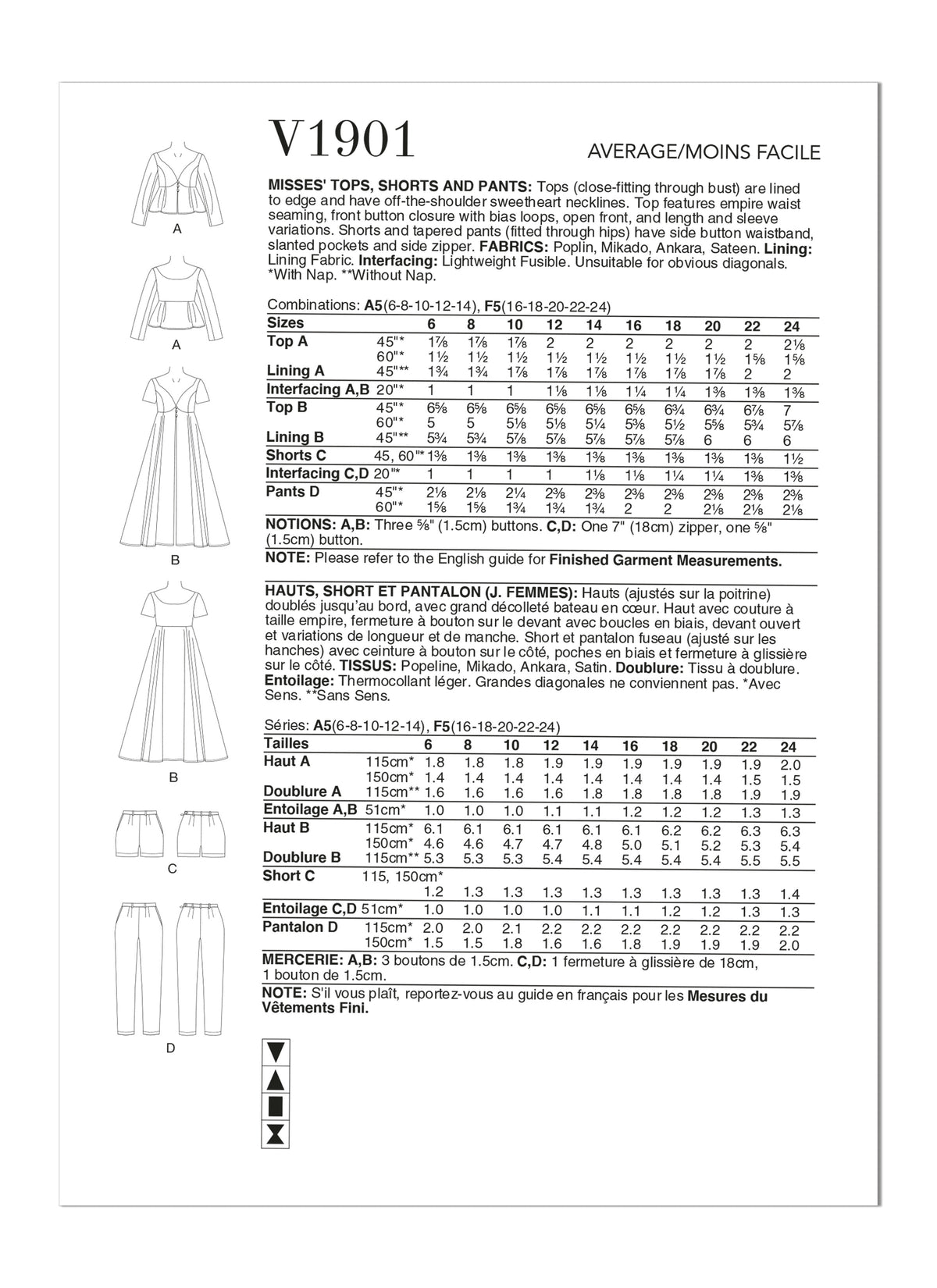 Vogue Top, Miss & Shorts Pants Sewing Pattern V1901