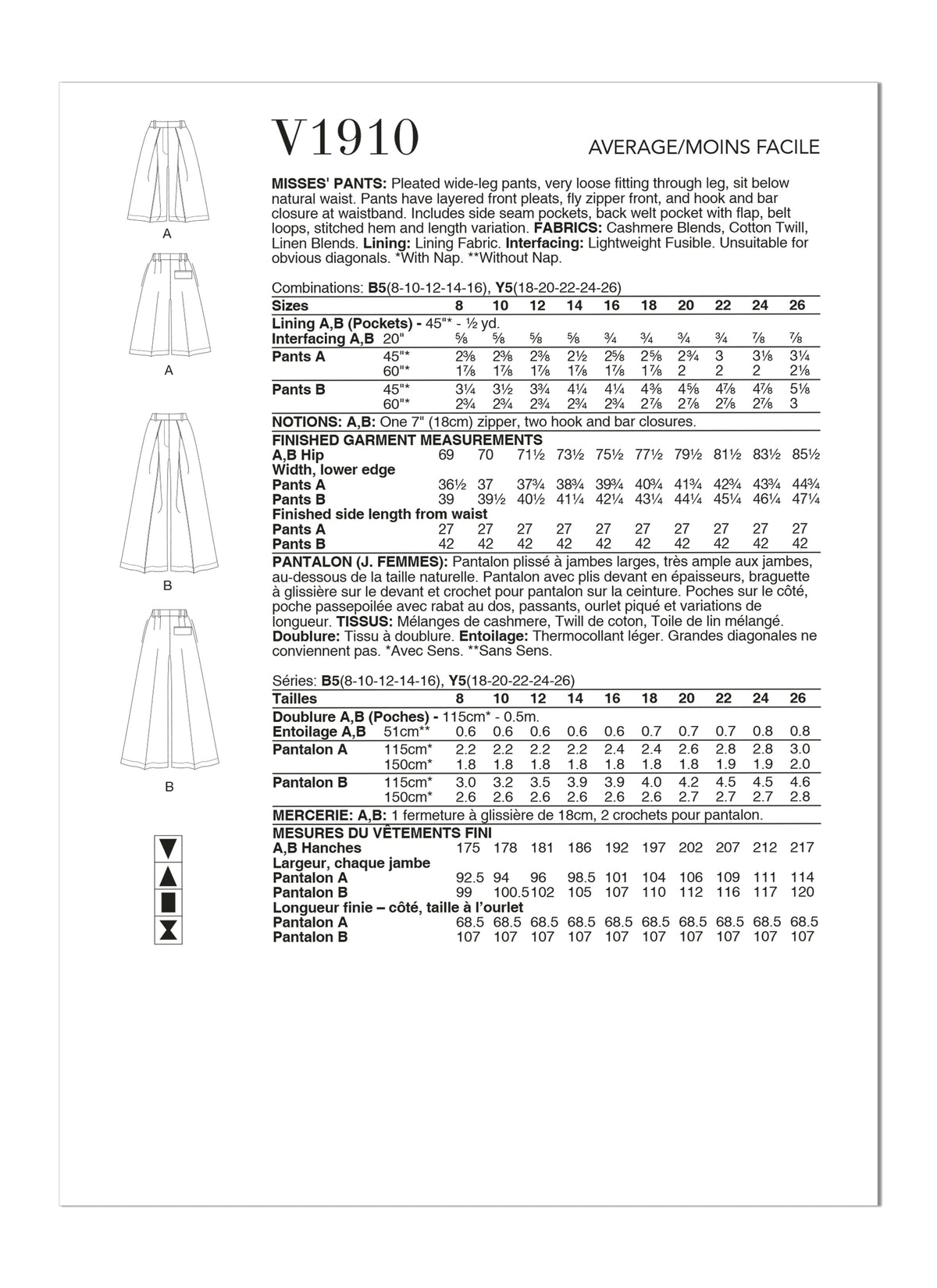 Vogue Pants Misses Sewing Pattern V1910