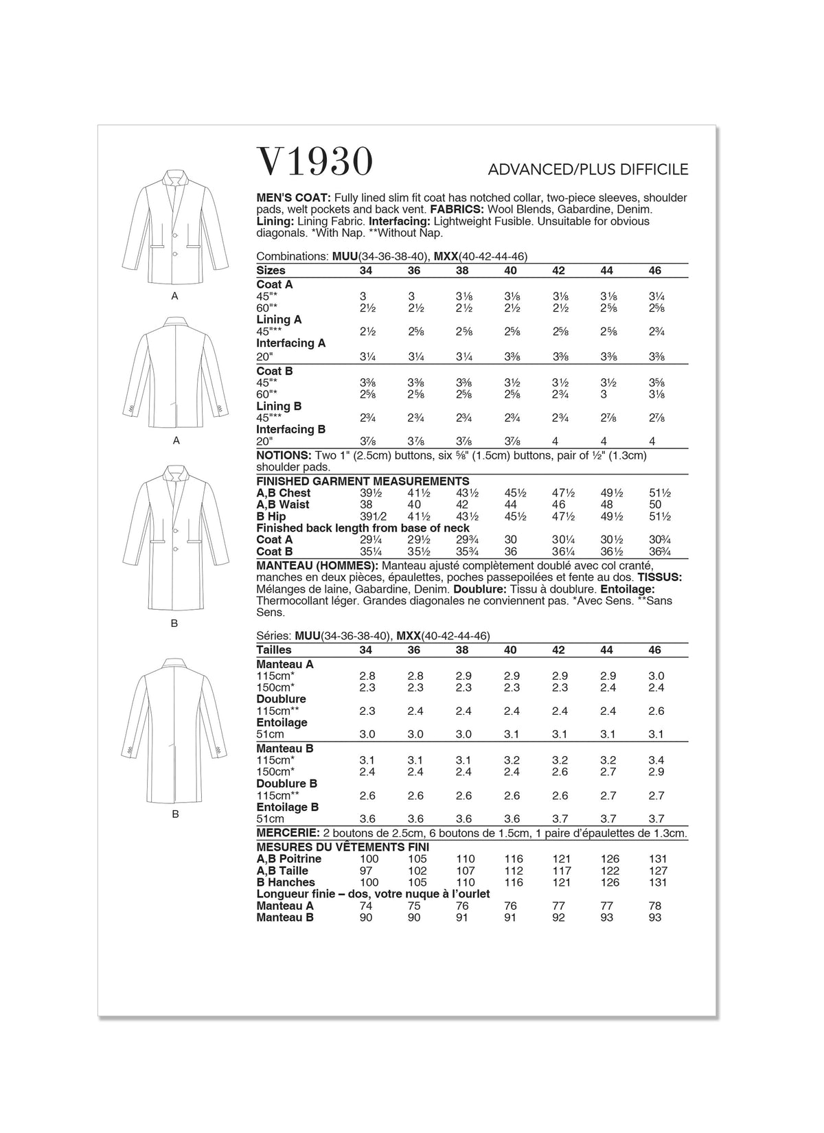 Vogue Coat Mens Sewing Pattern V1930