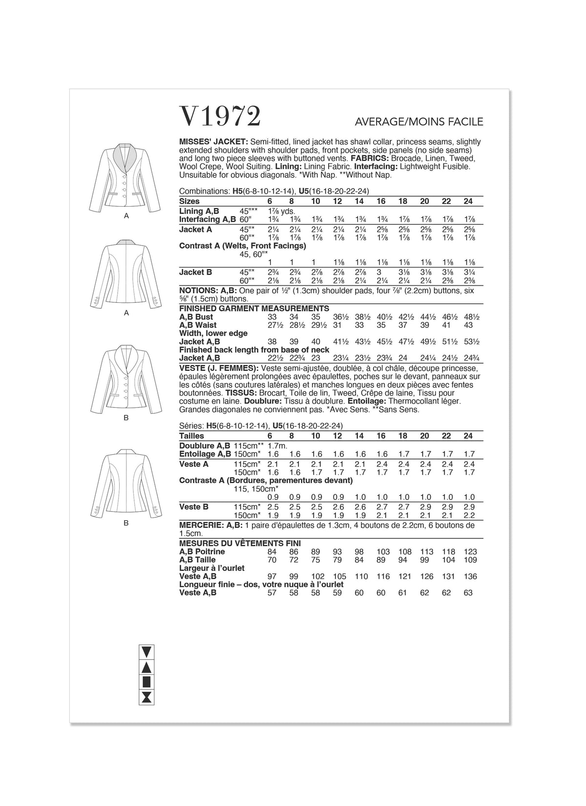 Vogue Jacket Misses Sewing Pattern V1972