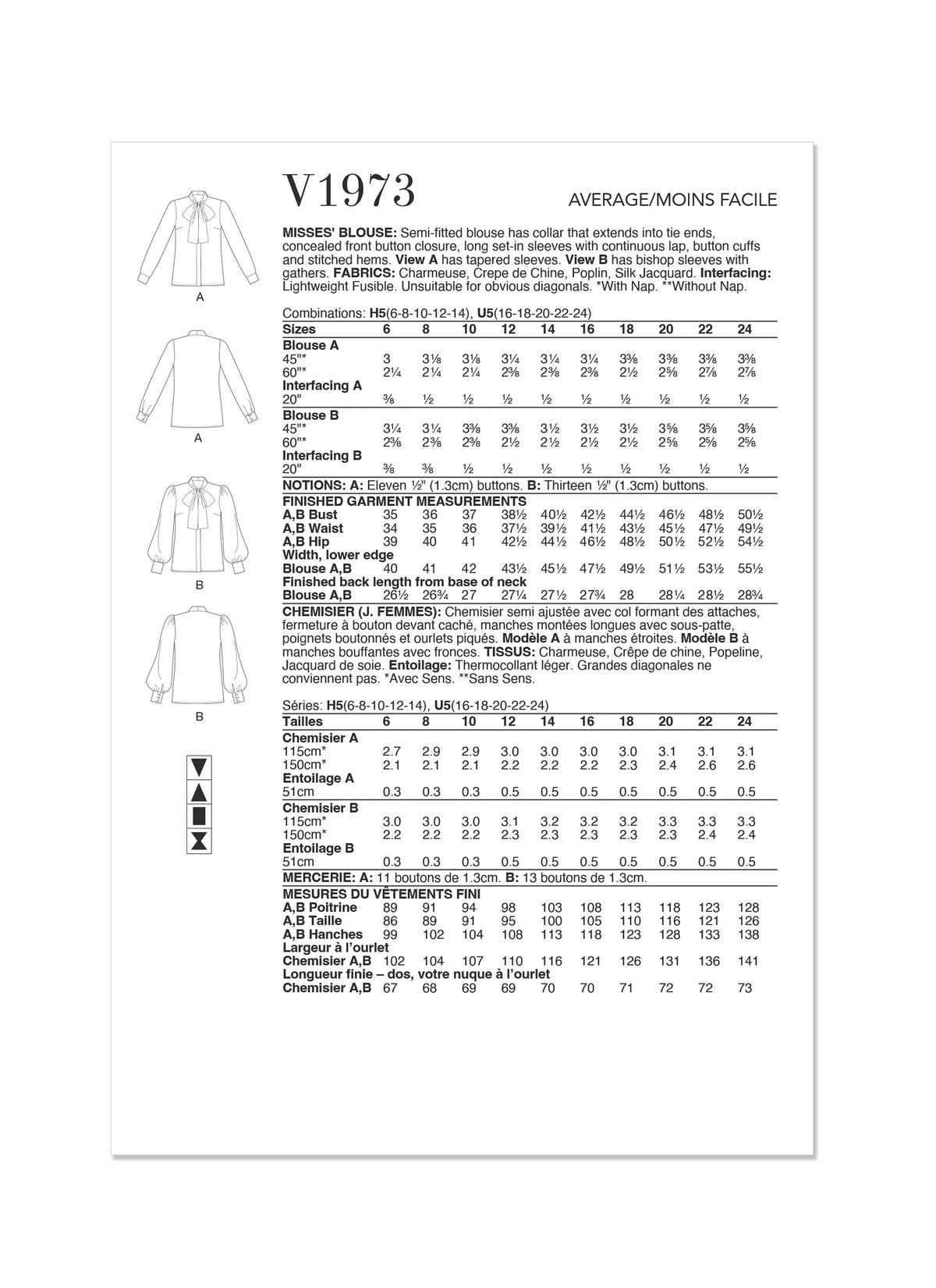 Vogue Blouse Misses Sewing Pattern V1973