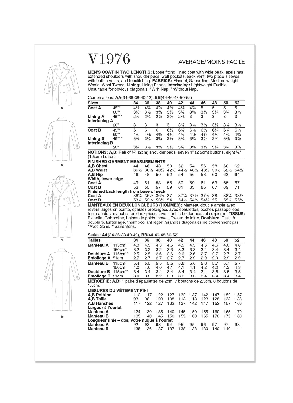 Vogue Coat Mens Two In Lengths Sewing Pattern V1976