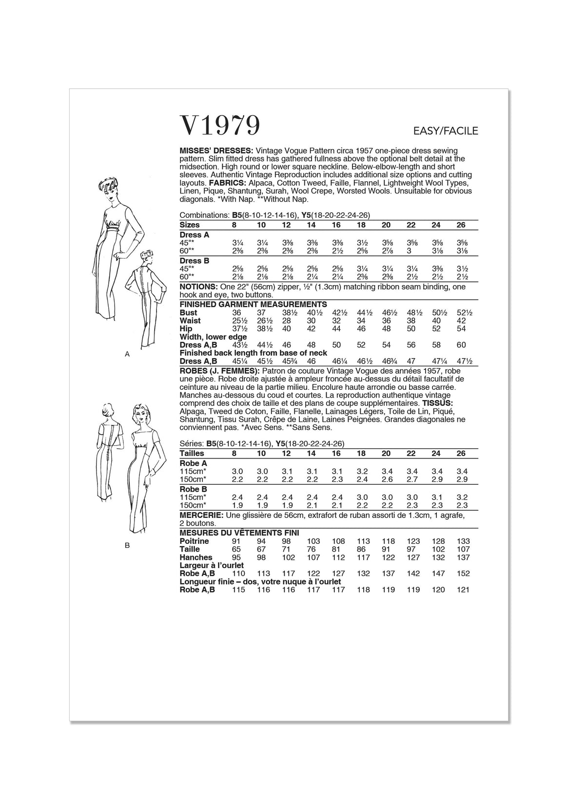 Vogue Vintage Misses Dresses Sewing Pattern V1979