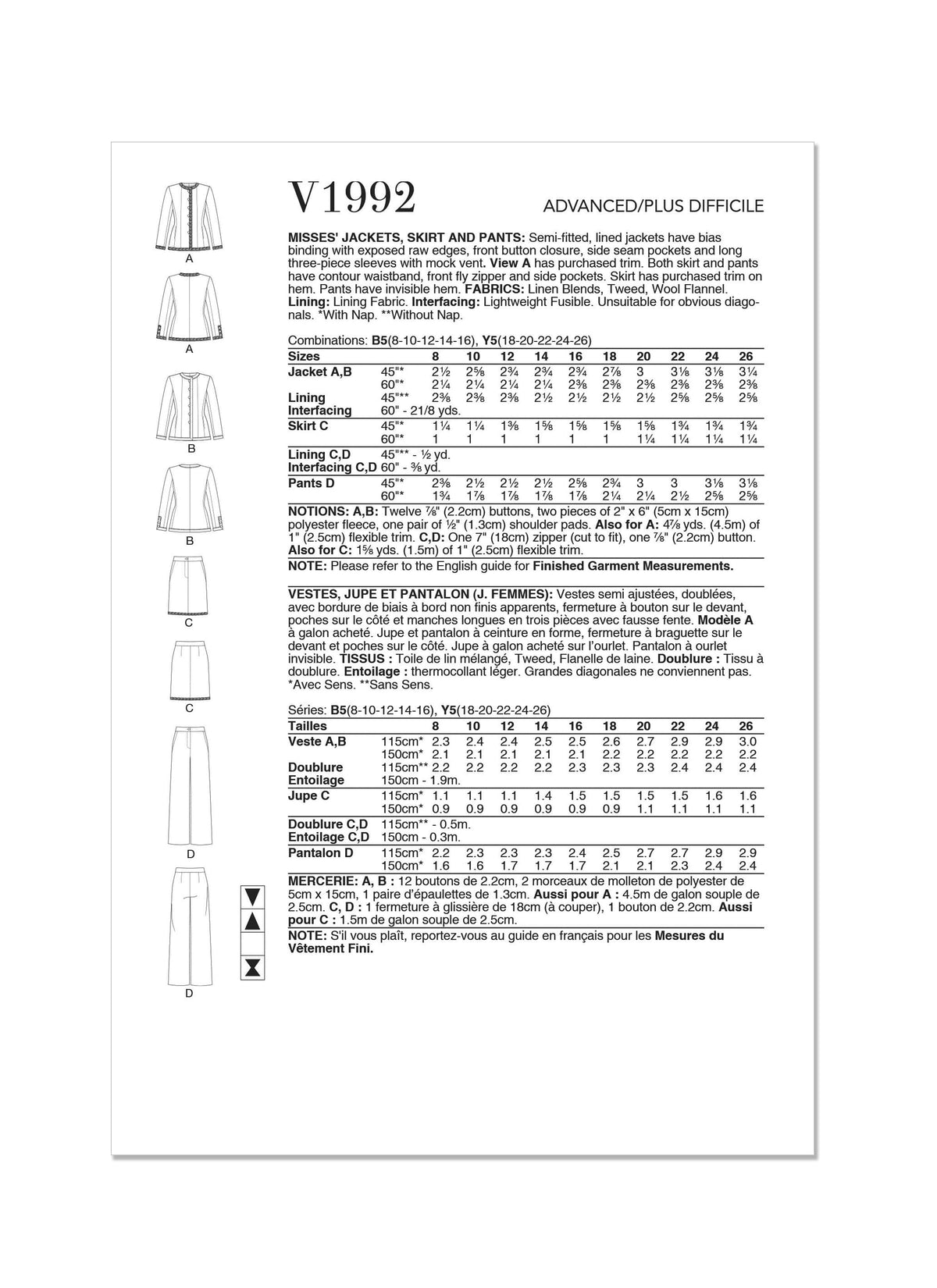 Vogue Misses Jackets, Skirt & Pants Sewing Pattern V1992