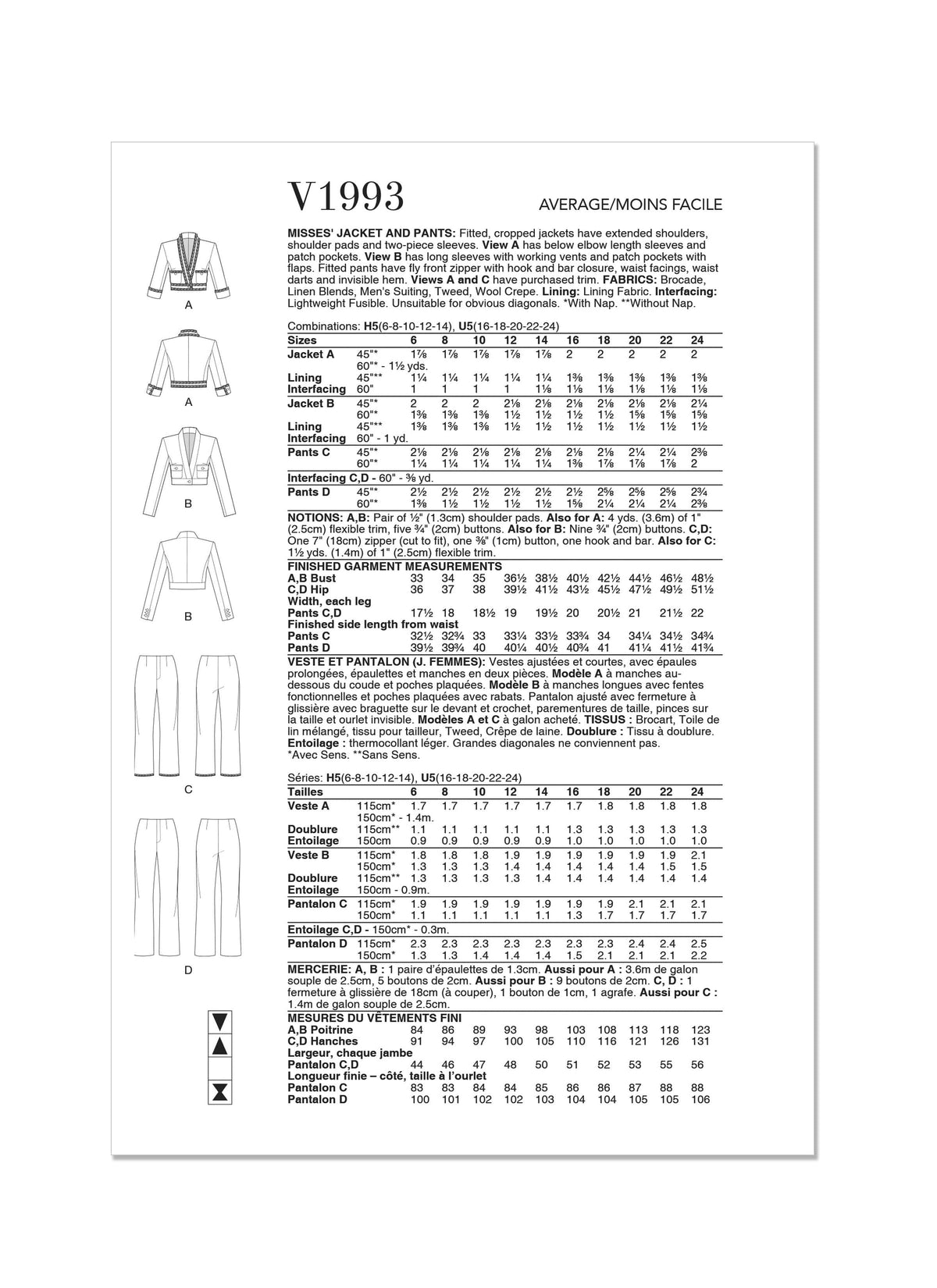 Vogue Misses Jacket & Pants Sewing Pattern V1993