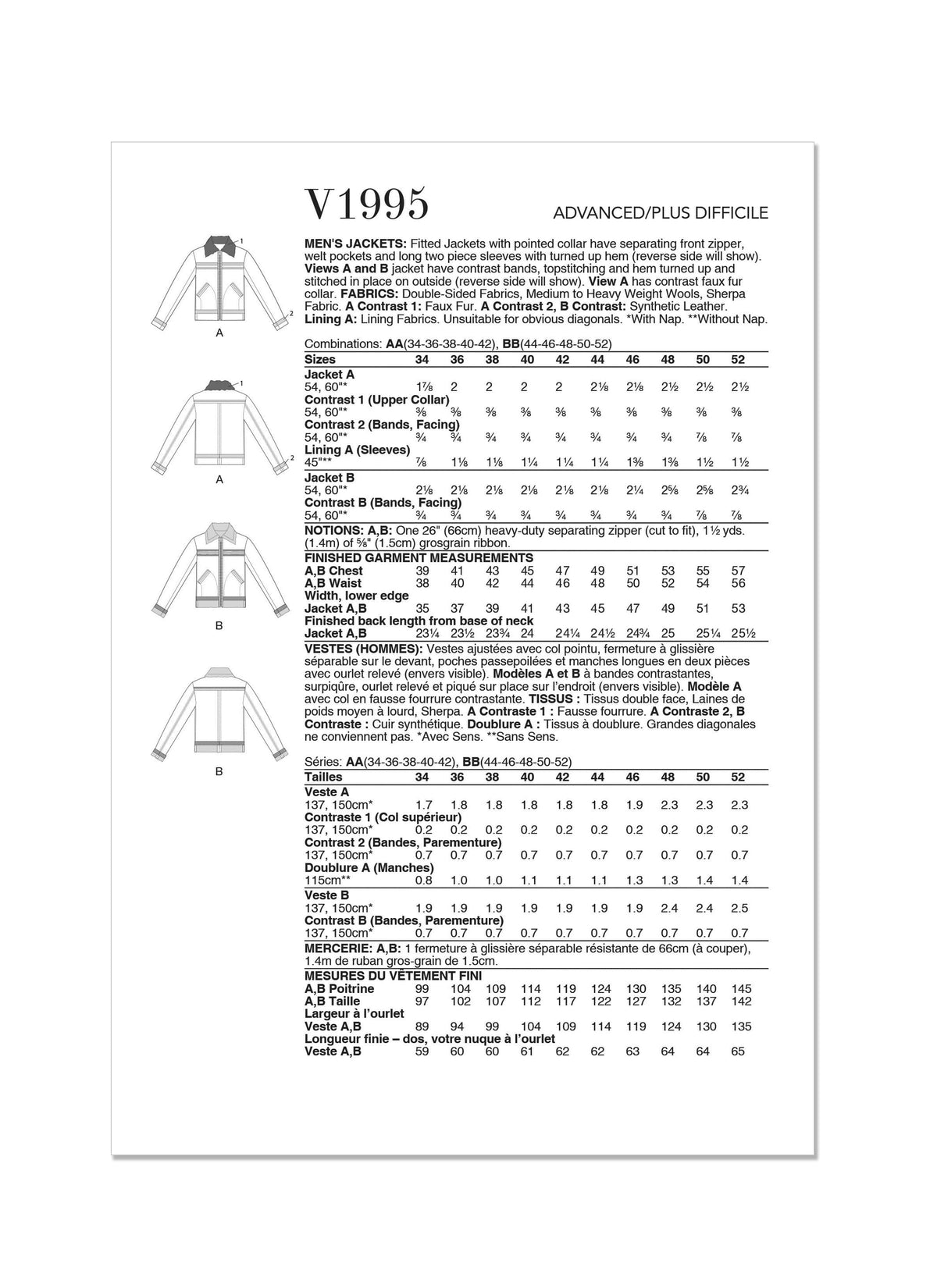 Vogue Mens Jackets Sewing Pattern V1995