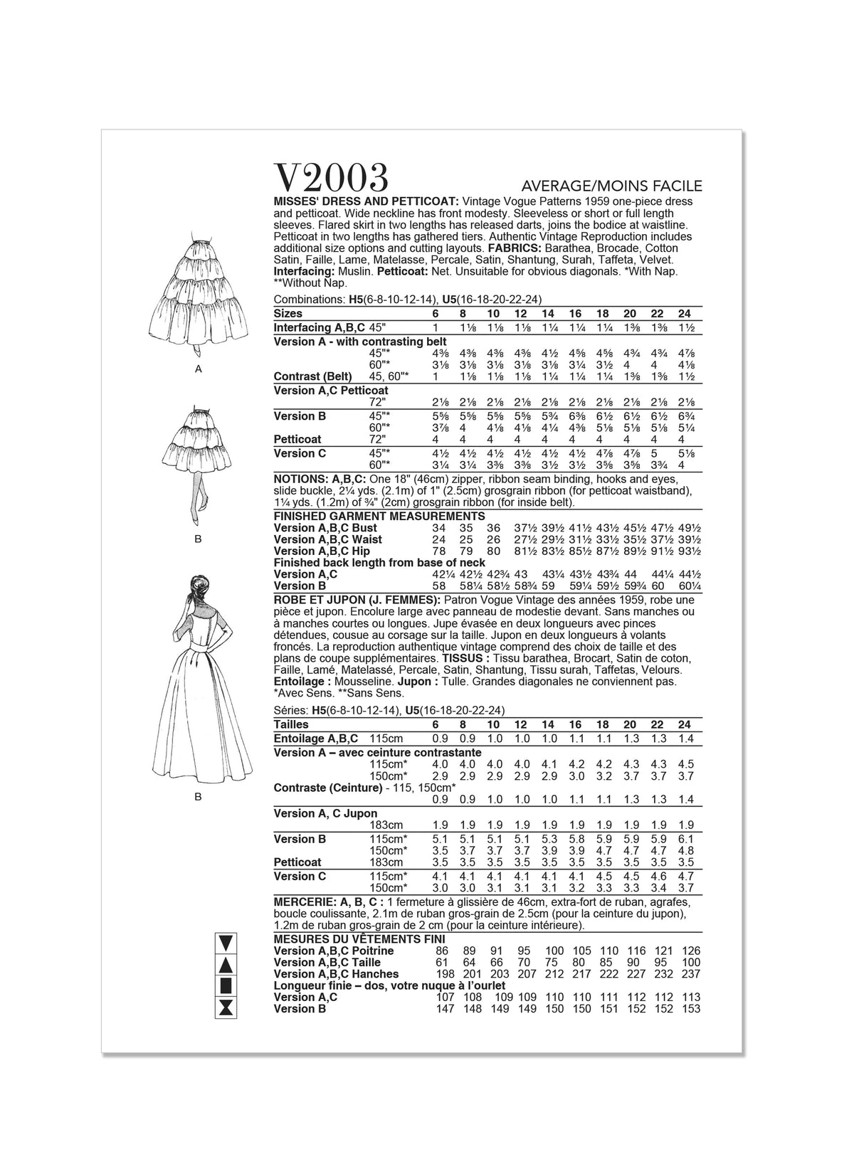 Vogue Vintage Misses Dress & Petticoat Sewing Pattern V2003