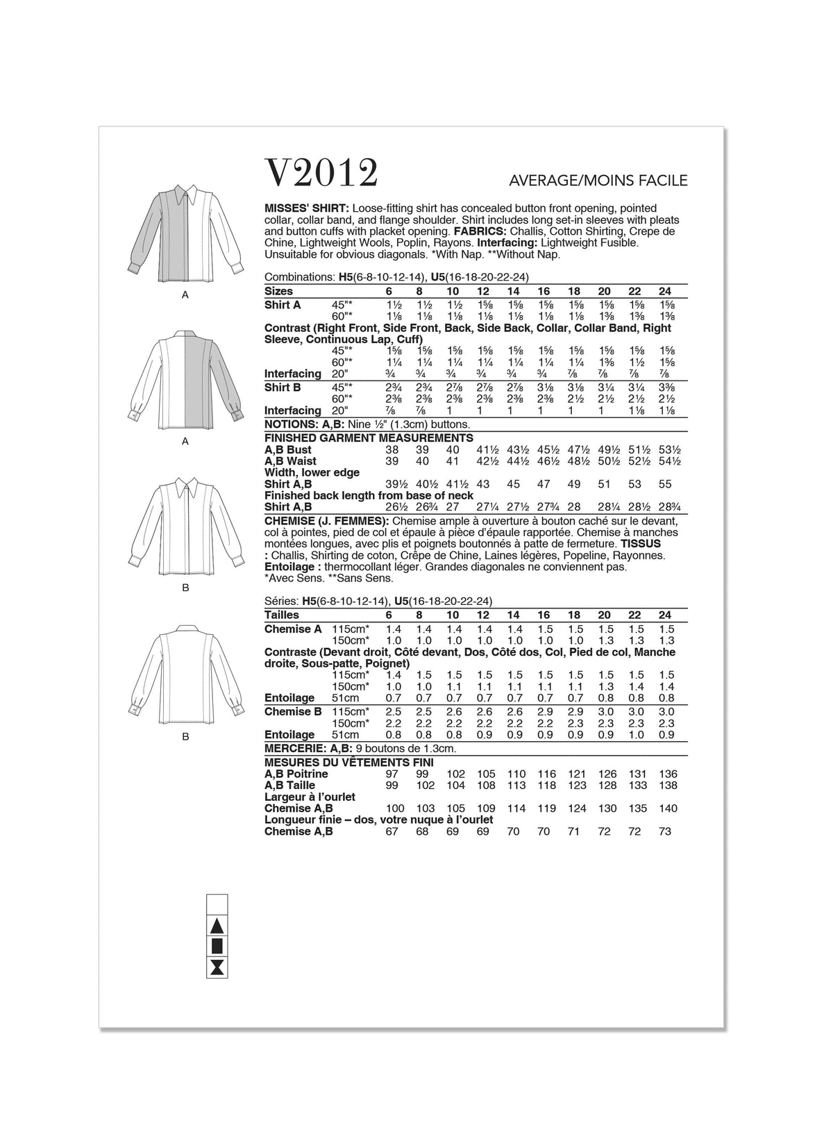 Vogue Misses Shirt Sewing Pattern V2012