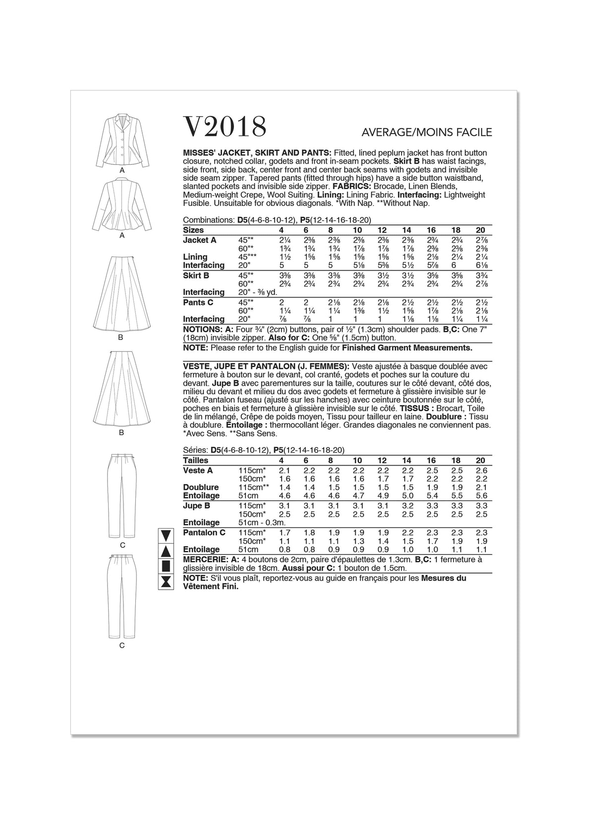 Vogue Misses Jacket, Skirt & Pants Sewing Pattern V2018