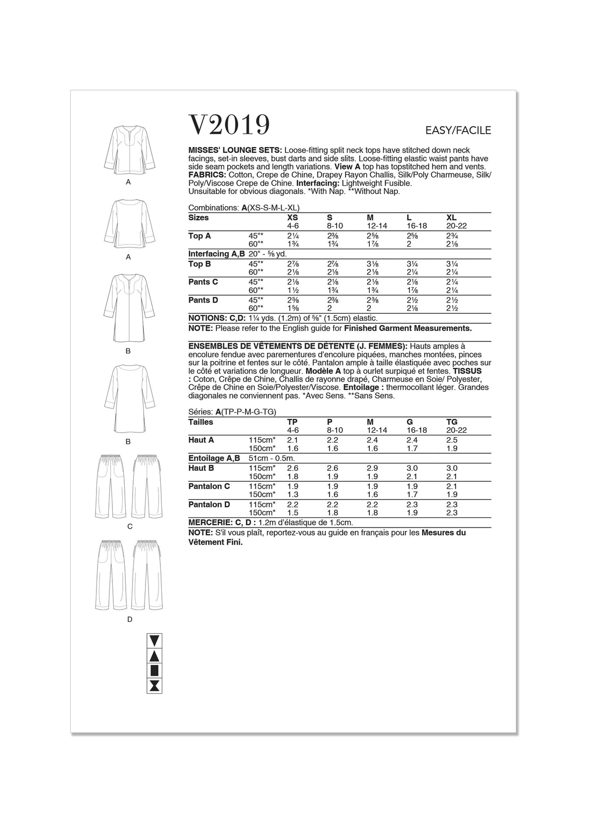 Vogue Misses Lounge Sets By Marcy Tilton Sewing Pattern V2019A (XS-S-M-L-XL-XXL)