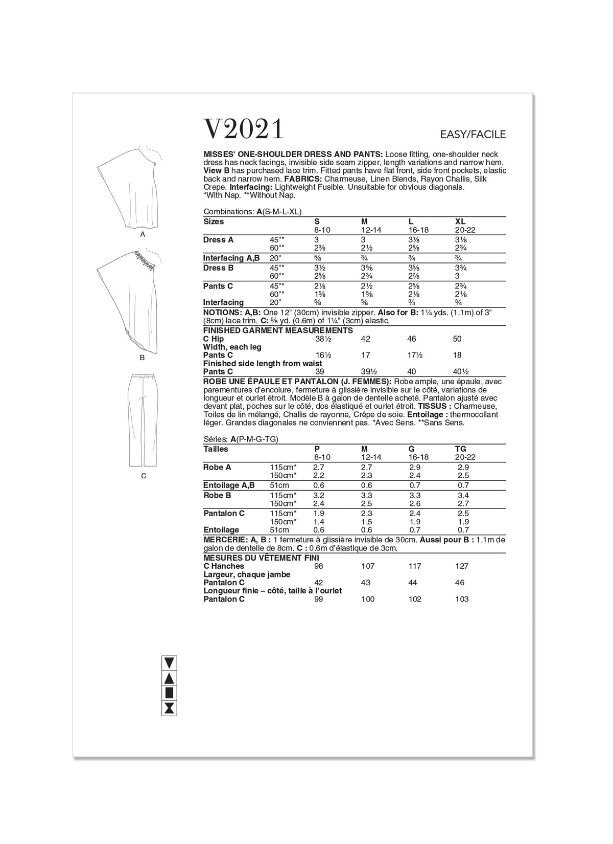 Vogue Misses One Shoulder Dress & Pants Sewing Pattern V2021A (XS-S-M-L-XL-XXL)