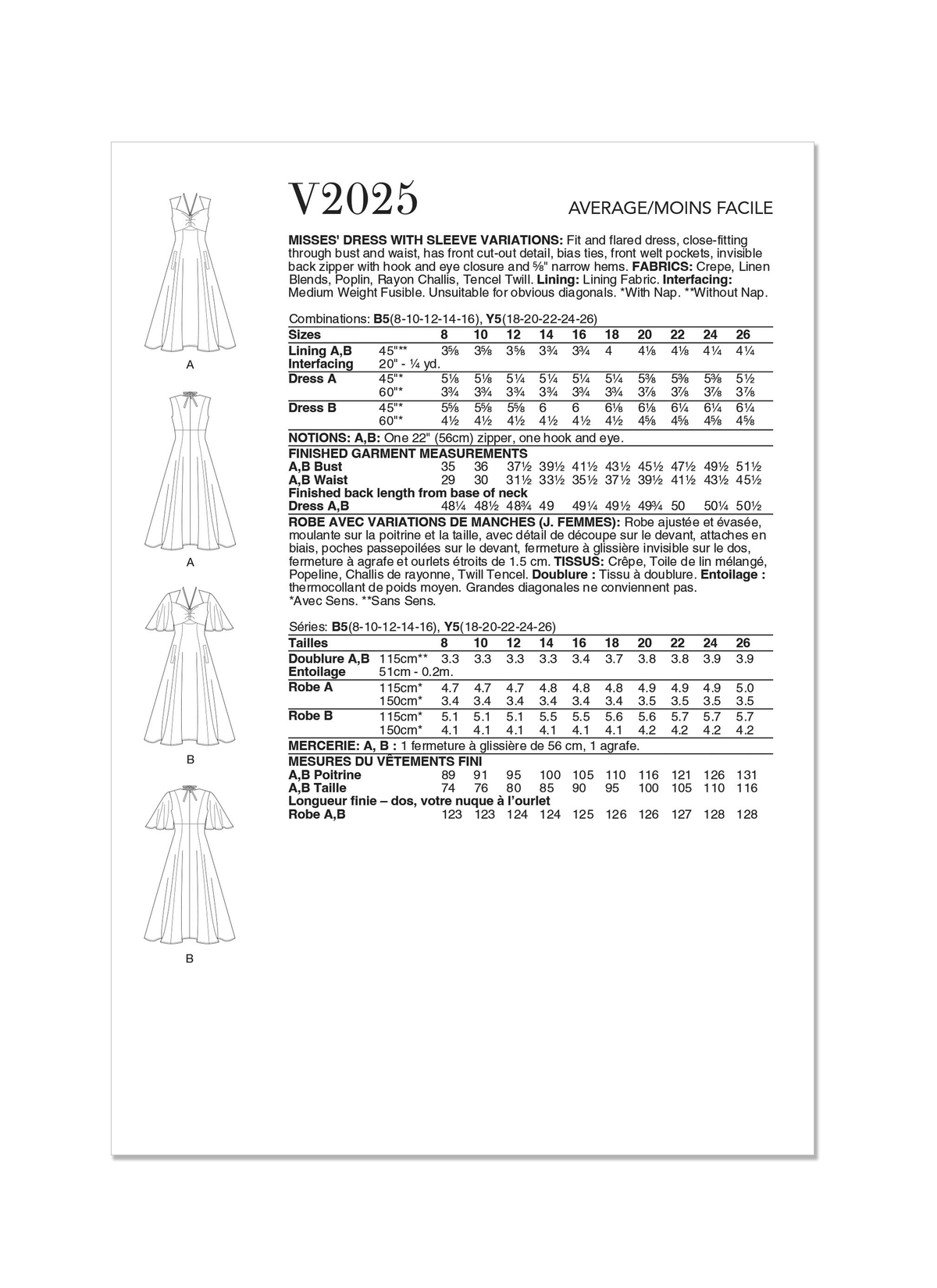 Vogue Misses' Dress with Sleeve Variations Sewing Pattern V2025