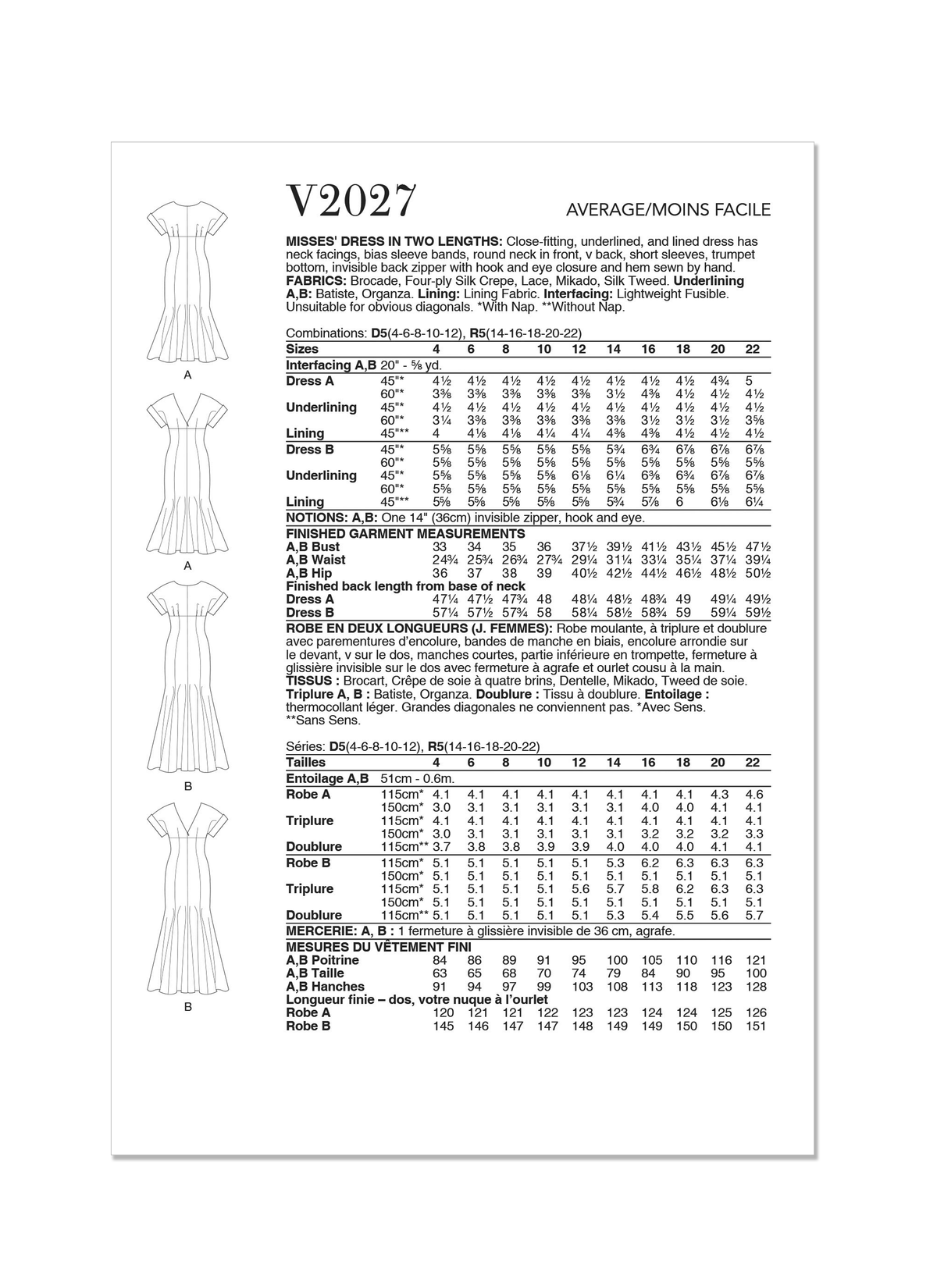 Vogue Misses' Dress in Two Lengths Sewing Pattern V2027