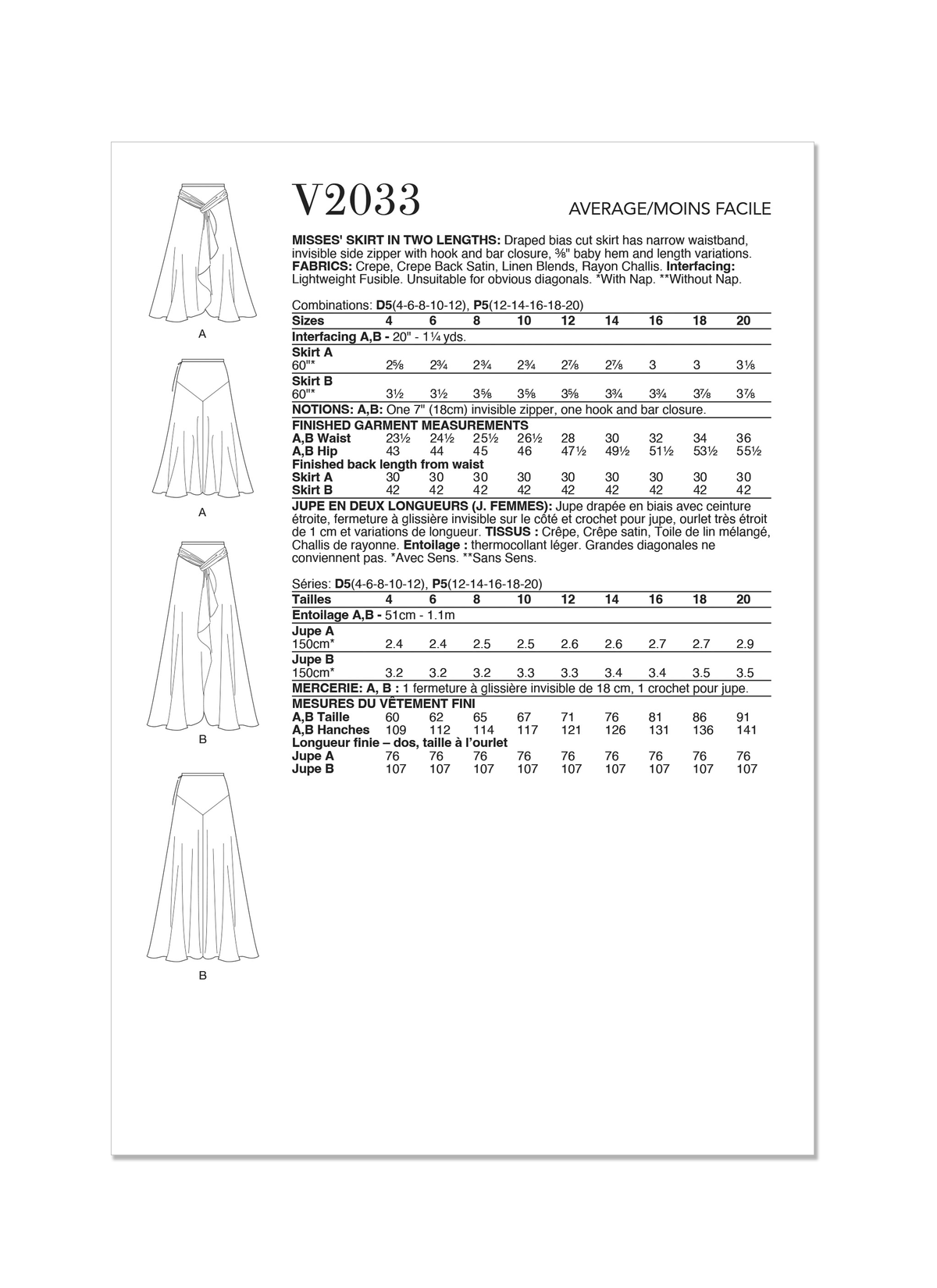 Vogue Misses Skirt in Two Lengths Sewing Pattern V2033