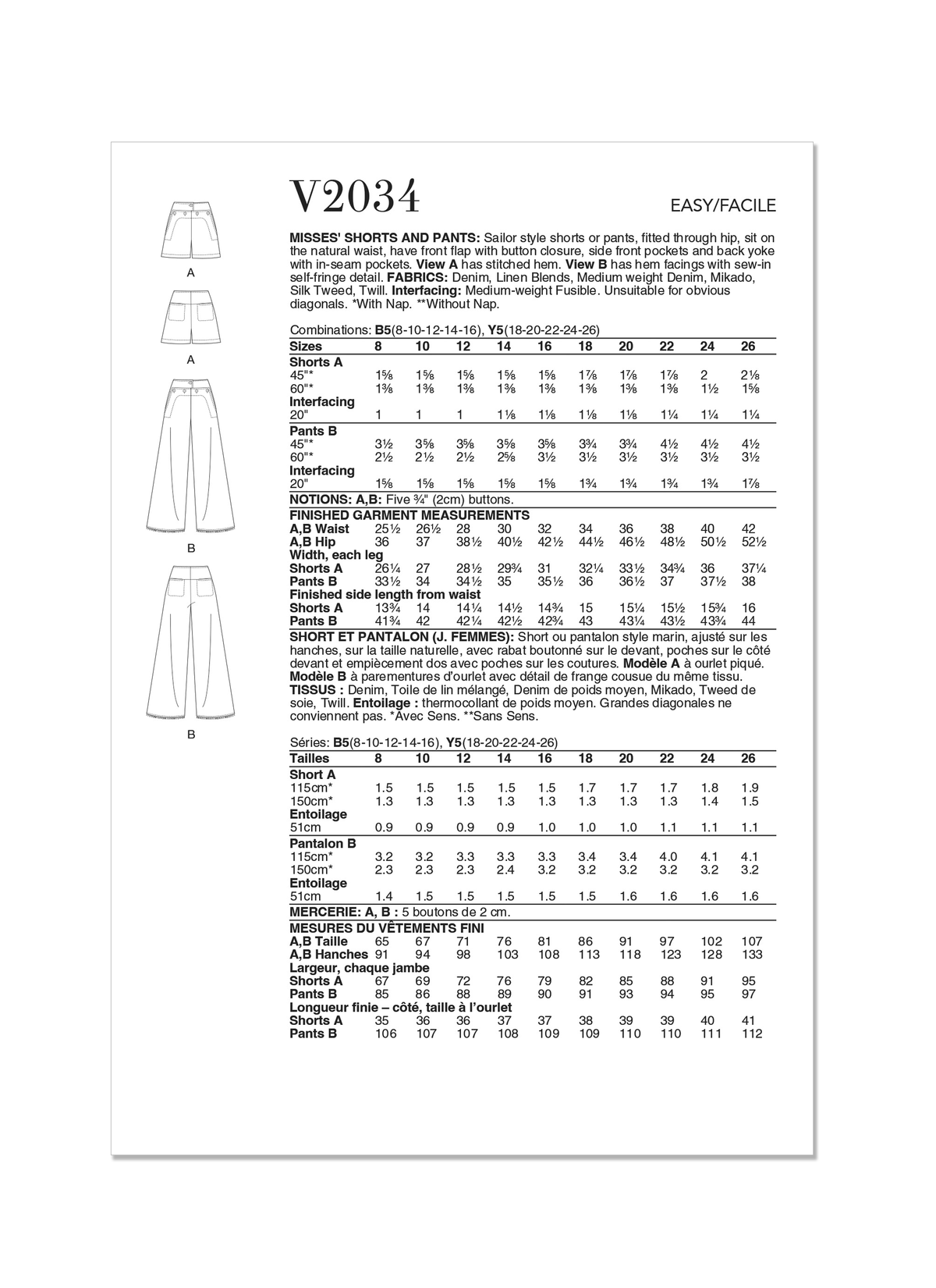 Vogue Misses' Shorts and Pants Sewing Pattern Collection V2034