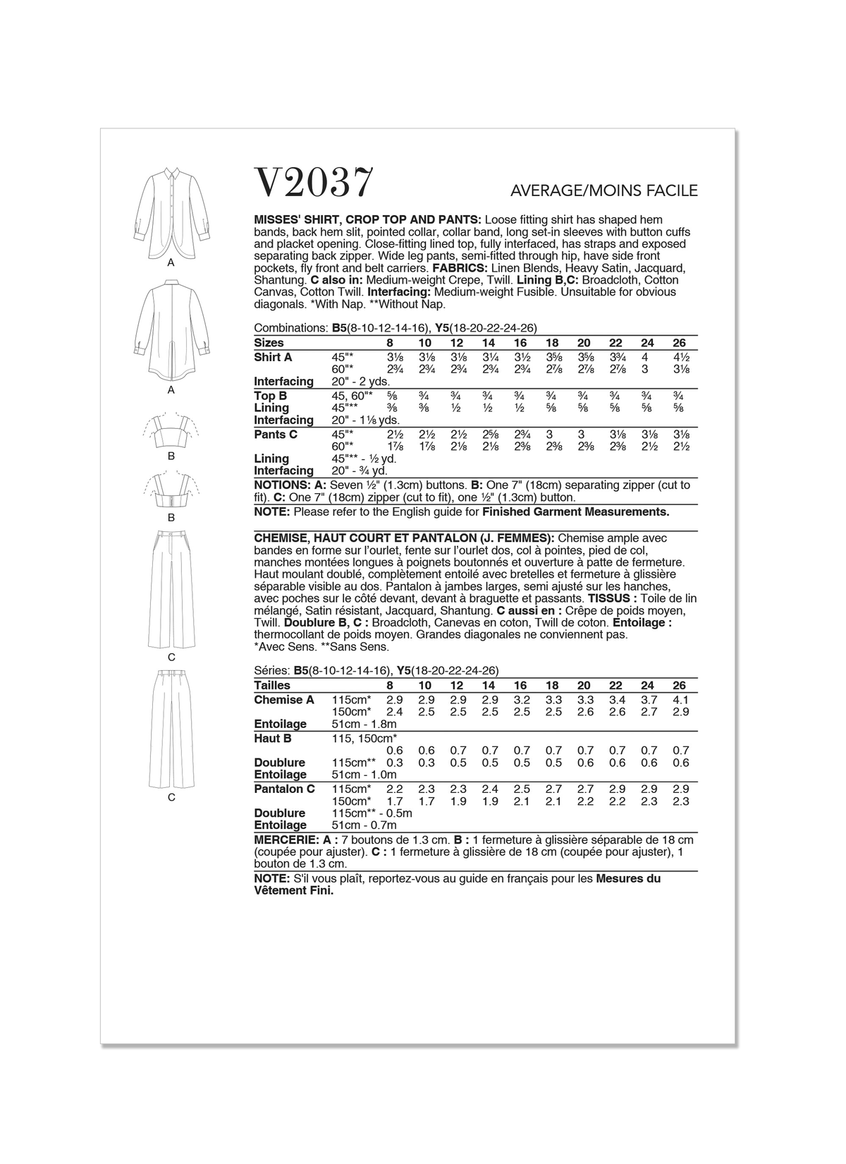 Vogue Misses' Shirt, Crop Top and Pants Sewing Pattern V2037