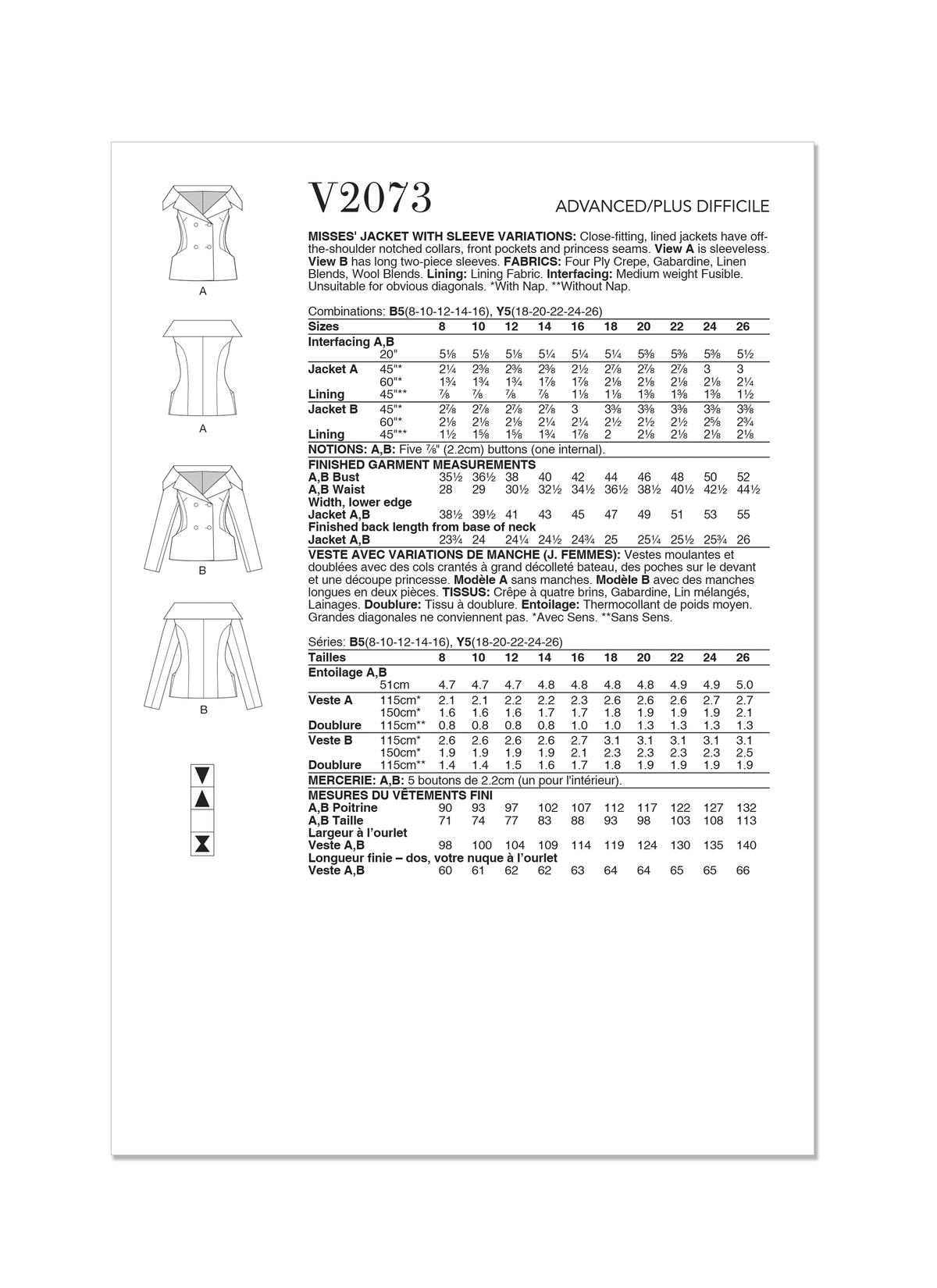 Vogue Misses' Jacket with Sleeve Variations Sewing Pattern V2073