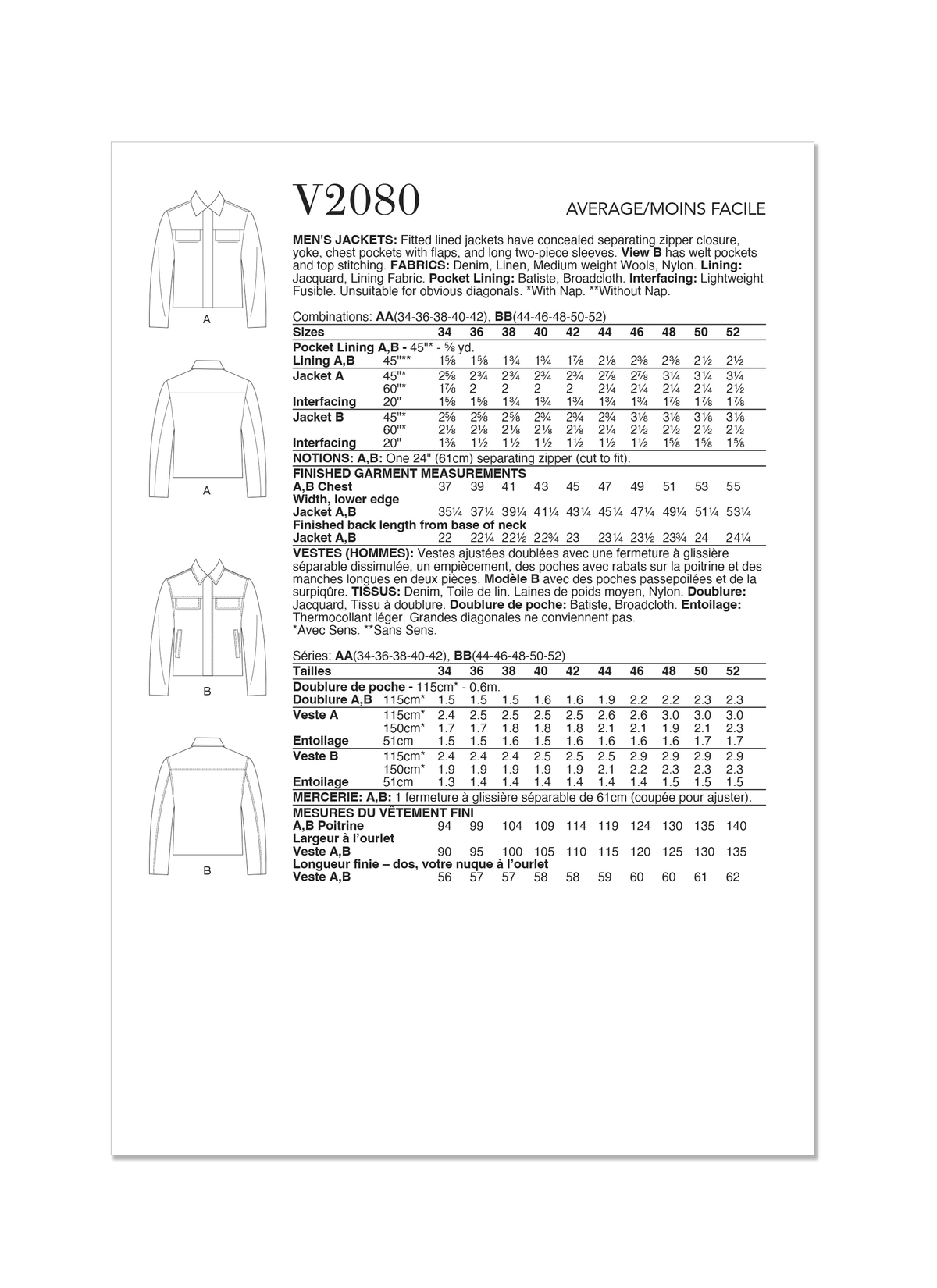 Vogue Men's Jackets: Stylish Sewing Pattern Collection V2080