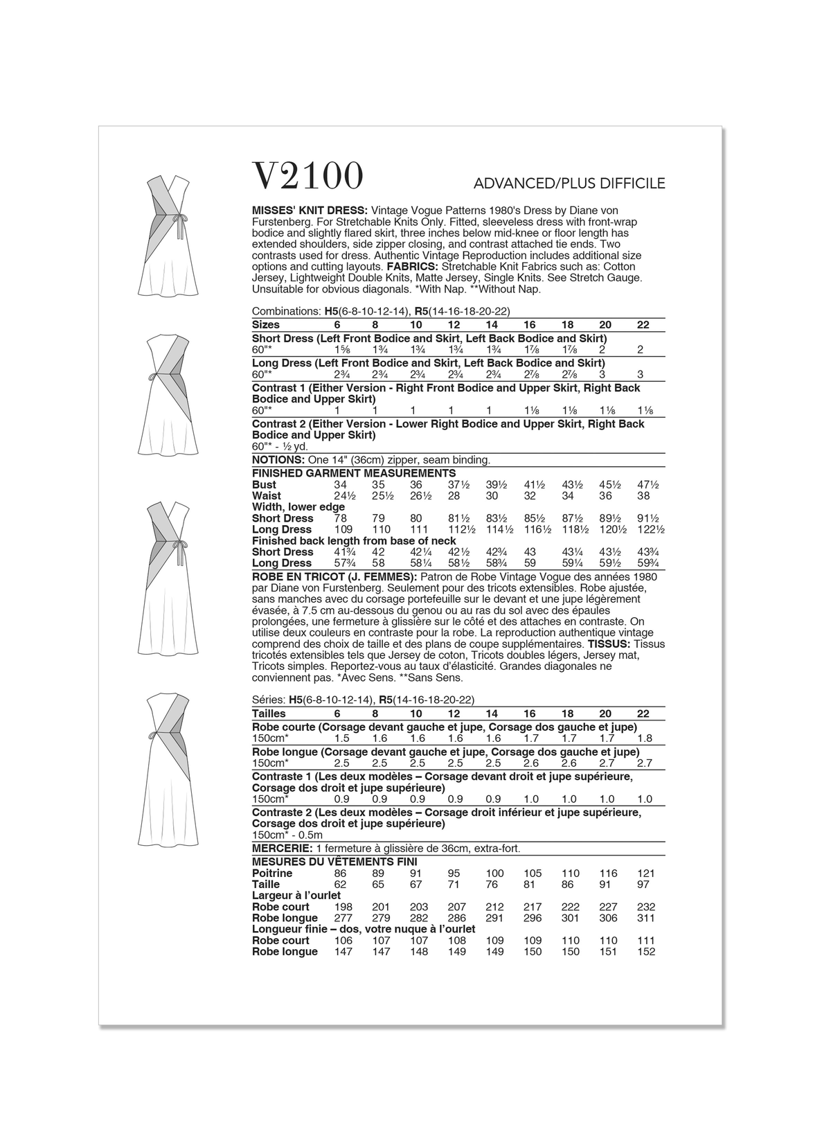 Vogue Misses' Knit Dress by Diane Von Furstenberg Sewing Pattern V2100