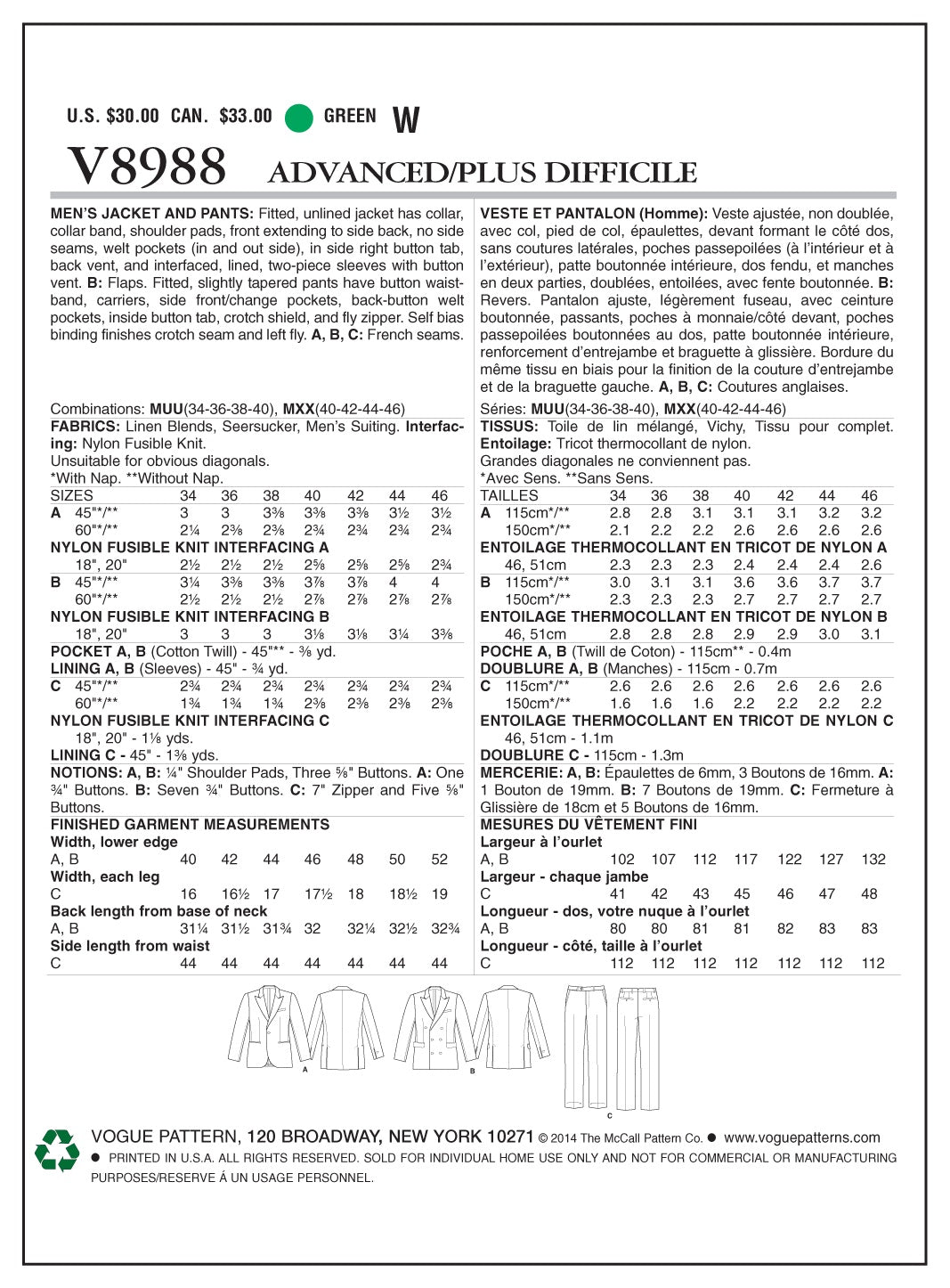 Vogue Career/Suits Sewing Pattern V8988