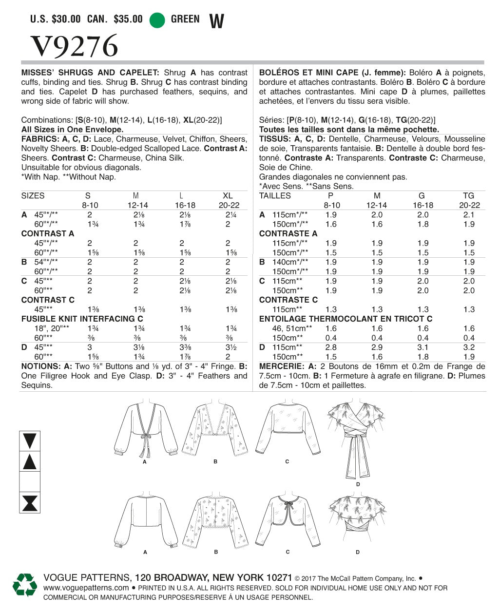 Vogue Undefined Accessories Other Wearing Sewing Pattern V9276OS