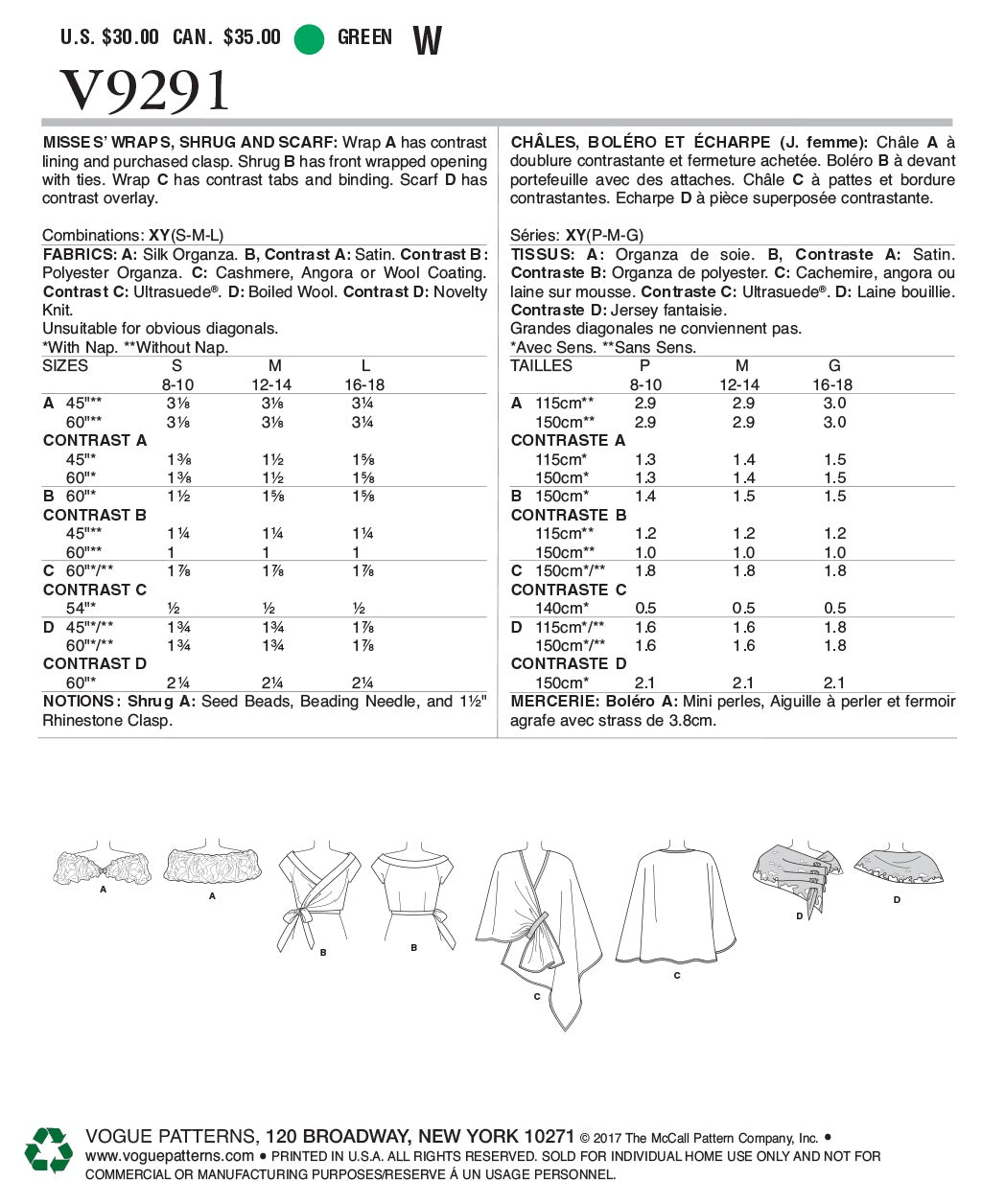 Vogue Undefined Accessories Other Wearing Sewing Pattern V9291XY(SML-MED-LRG)