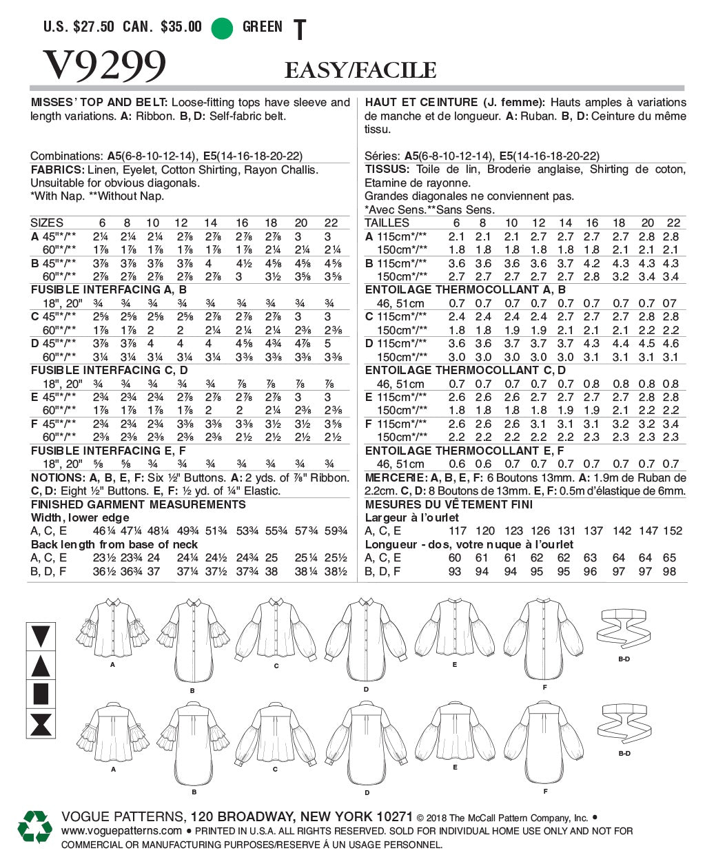 Vogue Top Sewing Pattern V9299