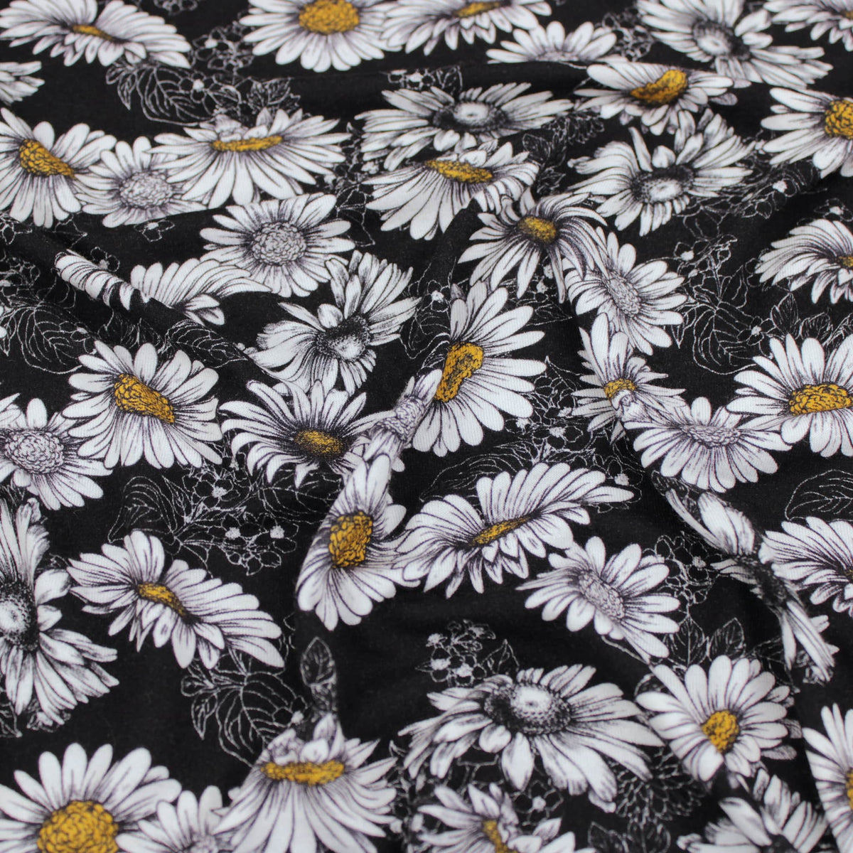 Viscose Jersey Stretch Black and White Daisy - Black