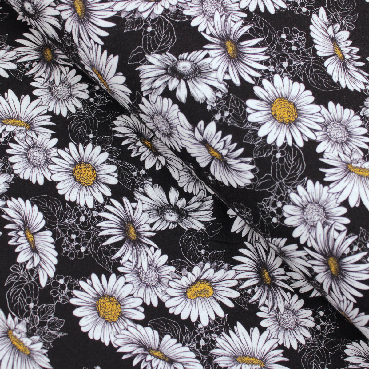 Viscose Jersey Stretch Black and White Daisy - Black