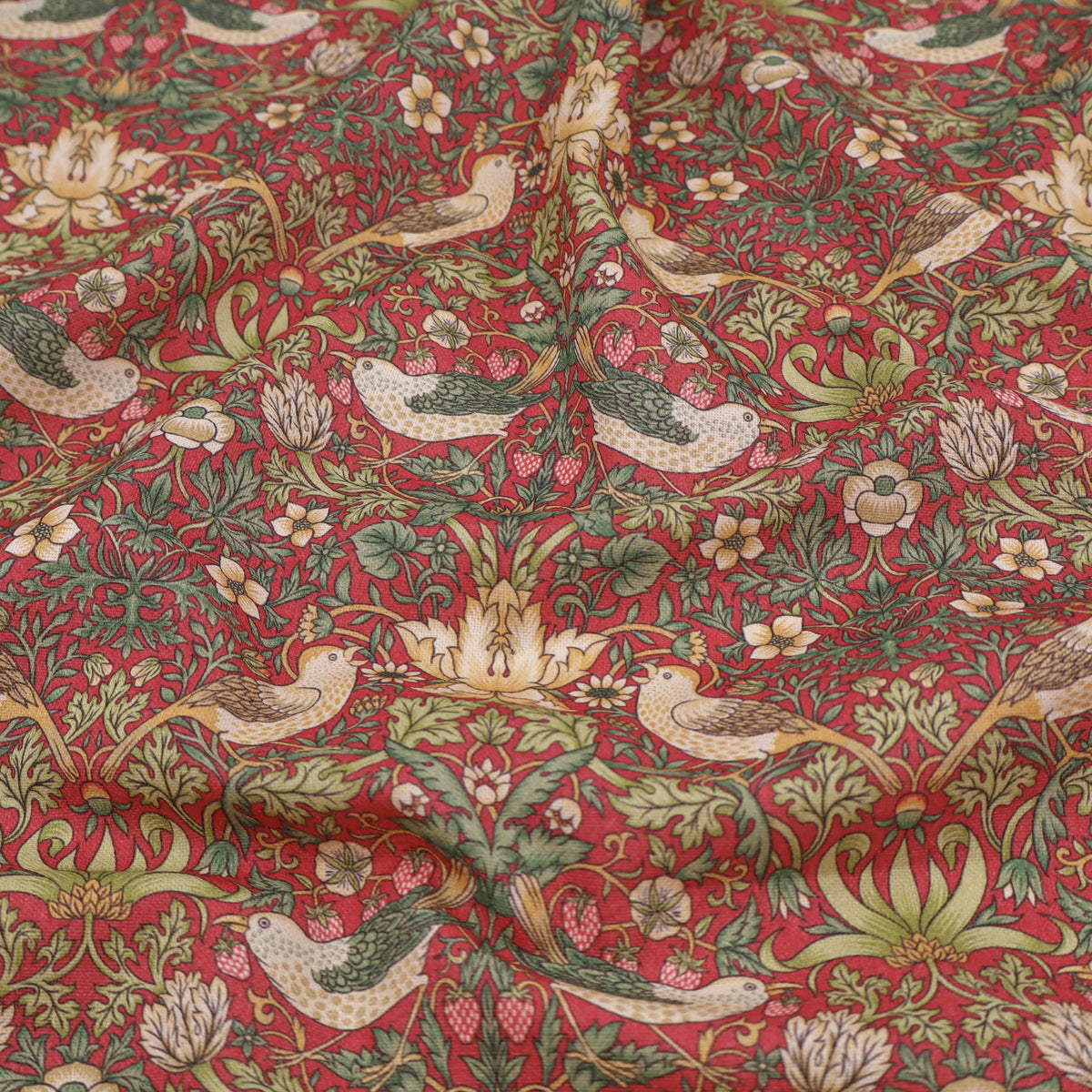 William Morris Cotton Panama Fabric | Upholstery, Curtains - Strawberry Thief Crimson