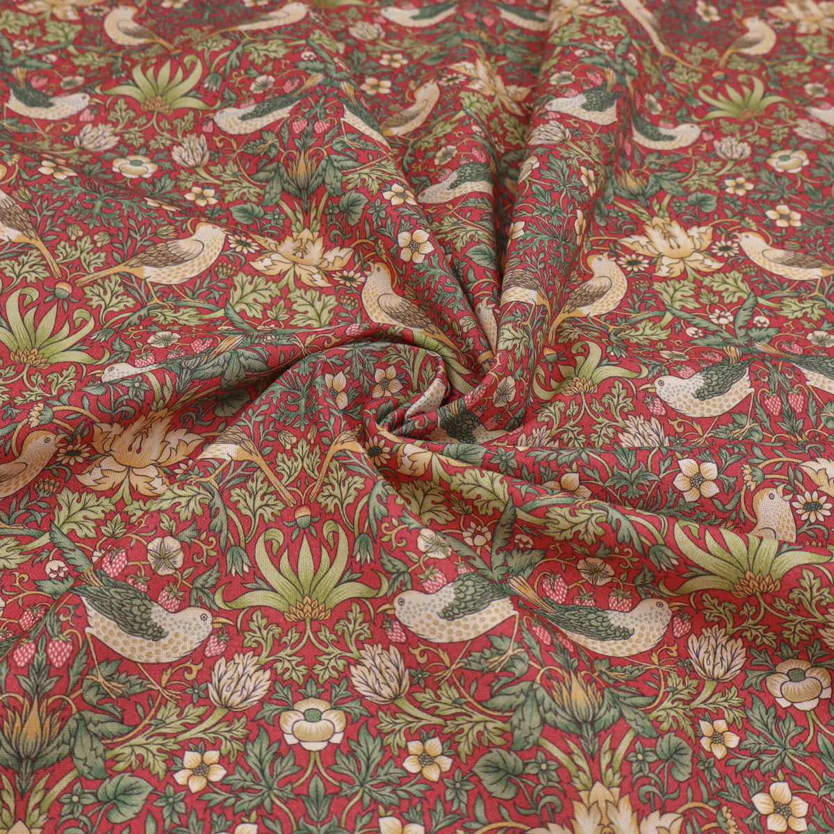 William Morris Cotton Panama Fabric | Upholstery, Curtains - Strawberry Thief Crimson