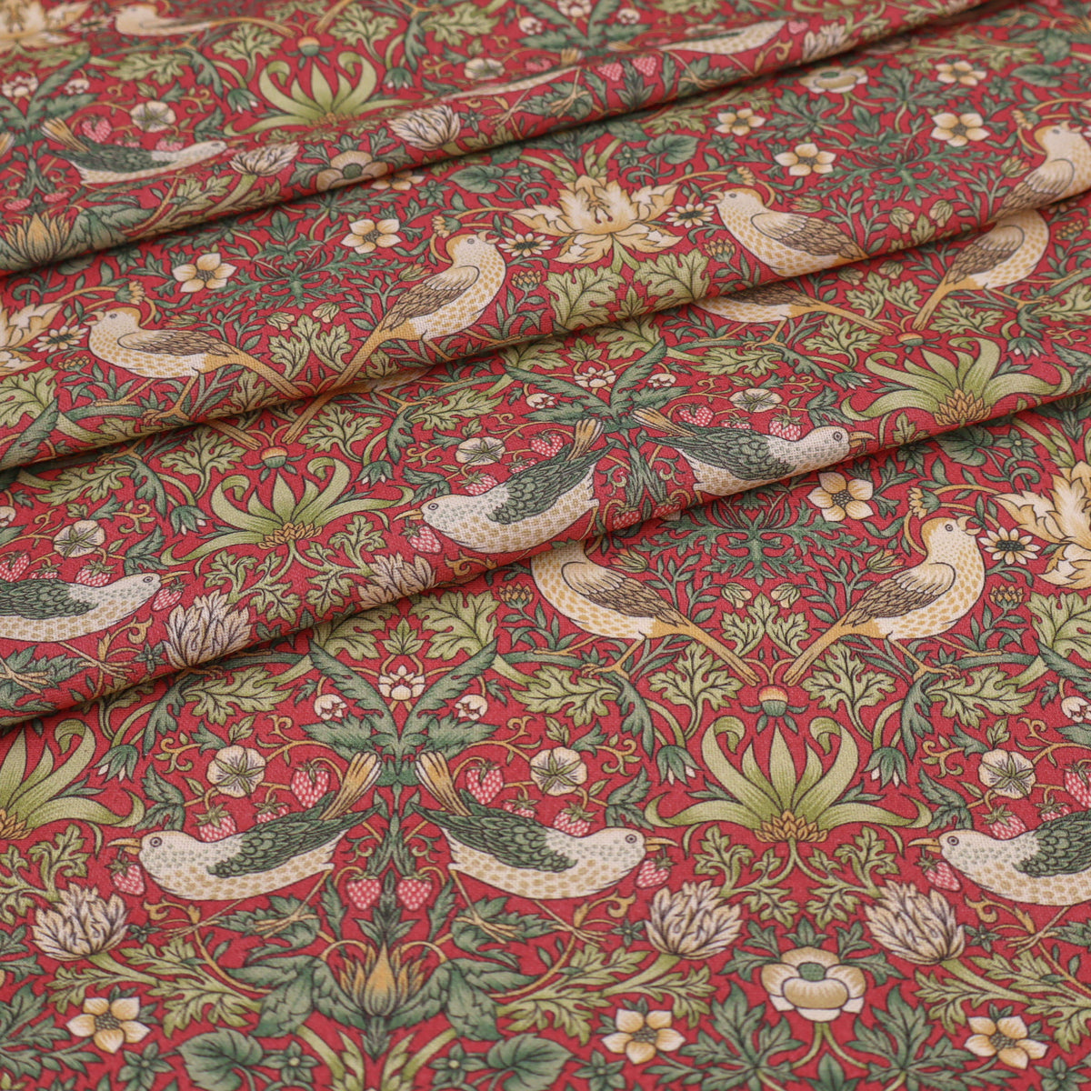 William Morris Cotton Panama Fabric | Upholstery, Curtains - Strawberry Thief Crimson