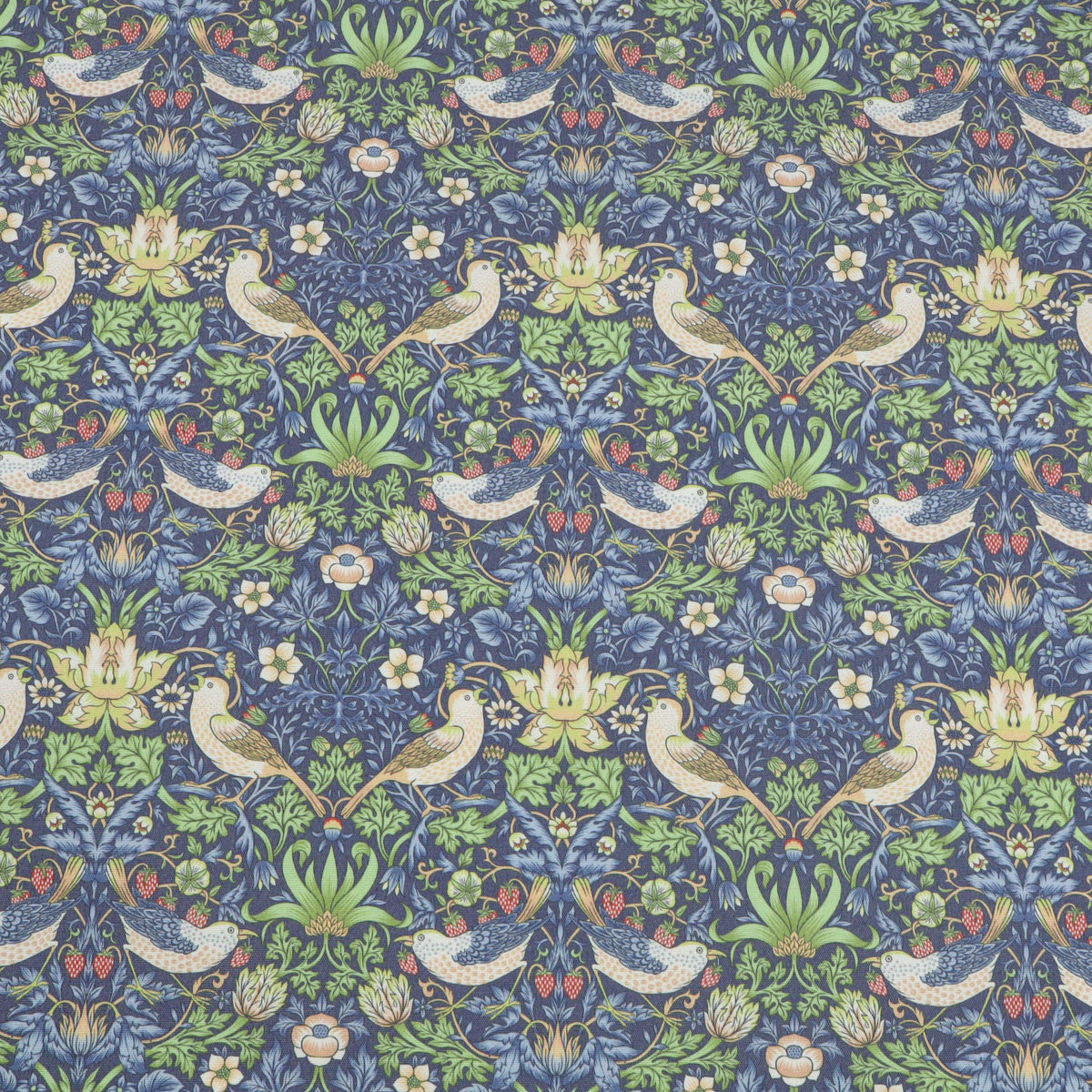 William Morris Linen-Blend Fabric | Upholstery & Curtain - Strawberry Thief Blue