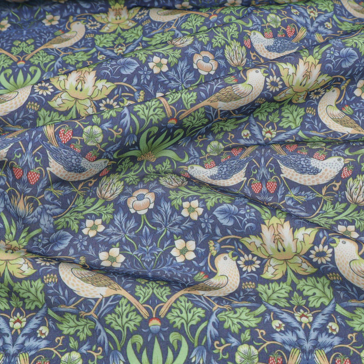 William Morris Linen-Blend Fabric | Upholstery & Curtain - Strawberry Thief Blue