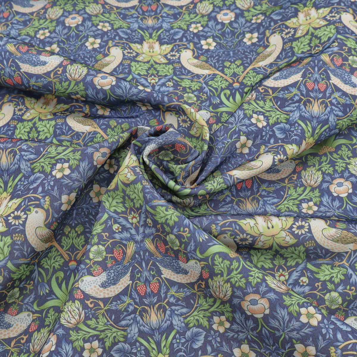 William Morris Linen-Blend Fabric | Upholstery & Curtain - Strawberry Thief Blue