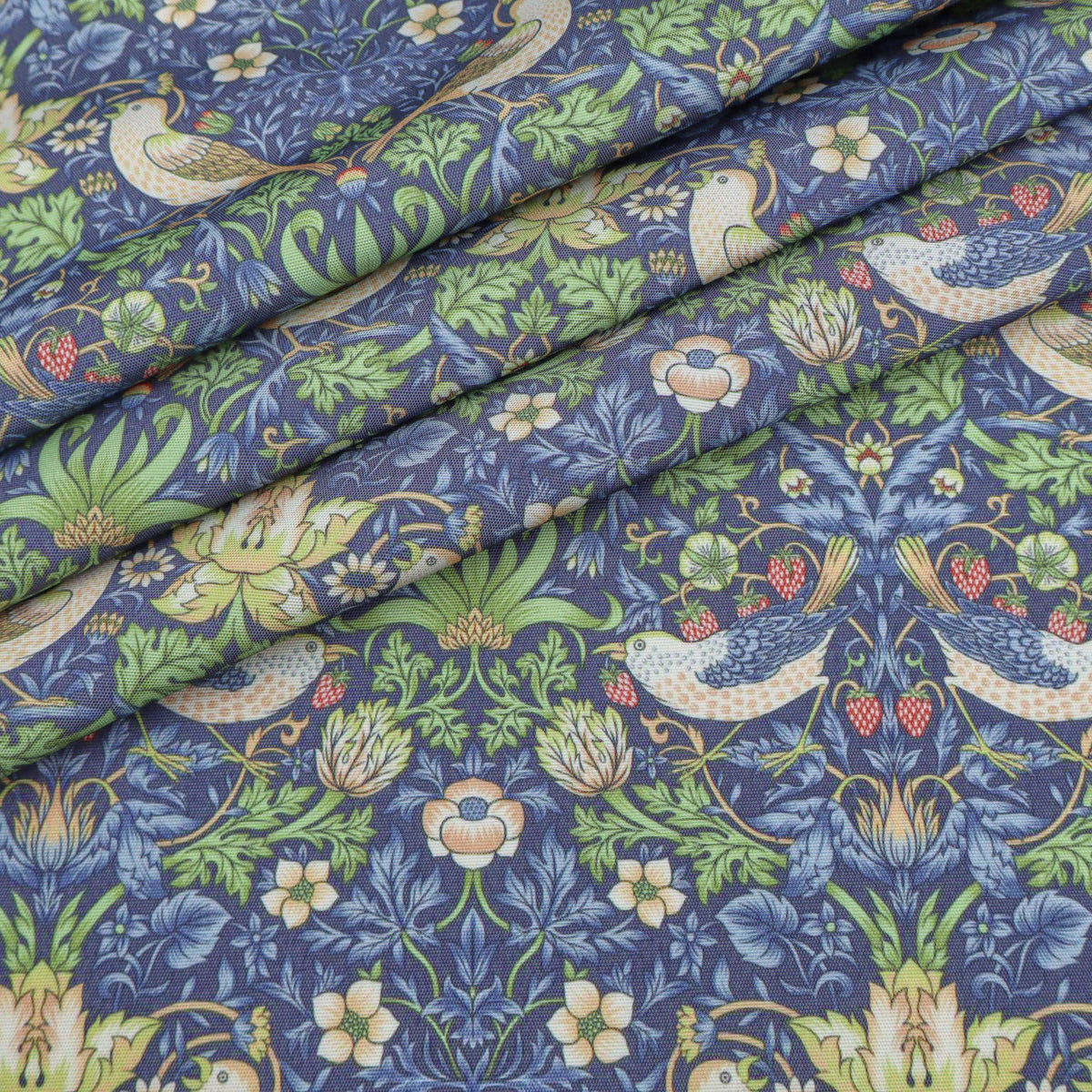 William Morris Linen-Blend Fabric | Upholstery & Curtain - Strawberry Thief Blue