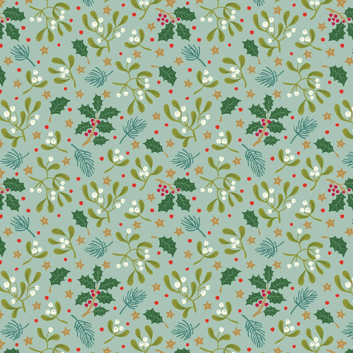 Lewis and Irene Christmas All is Bright by Stuart Hillard Cotton Quilting Patchwork Craft Pre Shrunk Fabric - Mistletoe on Duck Egg