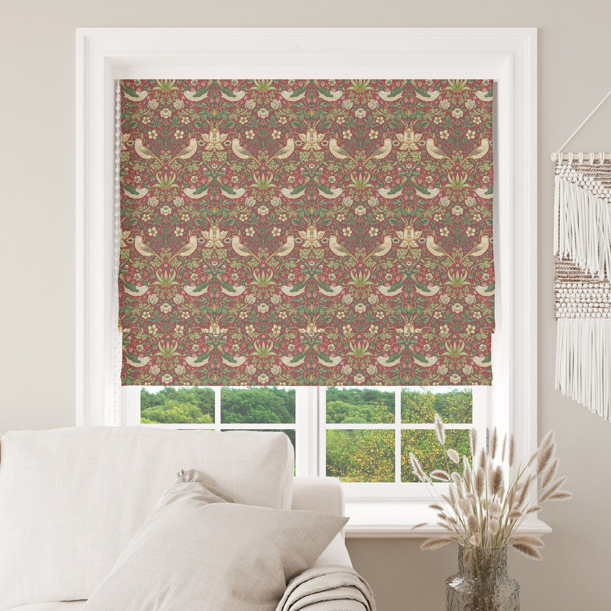 William Morris Cotton Panama Fabric | Upholstery, Curtains - Strawberry Thief Crimson