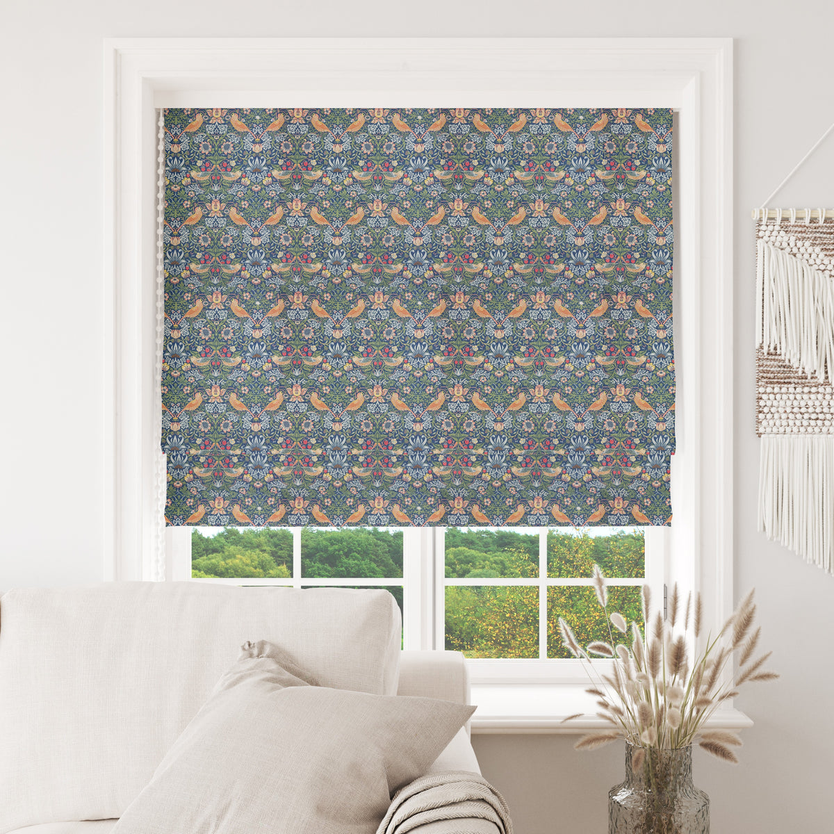 William Morris Linen-Blend Fabric | Upholstery & Curtain - Strawberry Thief Blue