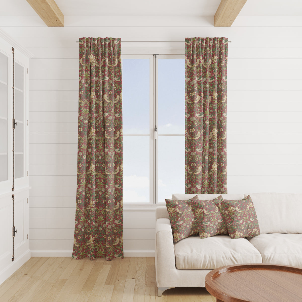 William Morris Cotton Panama Fabric | Upholstery, Curtains - Strawberry Thief Crimson