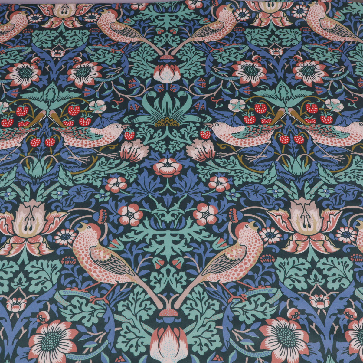 William Morris Plush Velvet Upholstery Curtain Fabric - Strawberry Thief Twilight